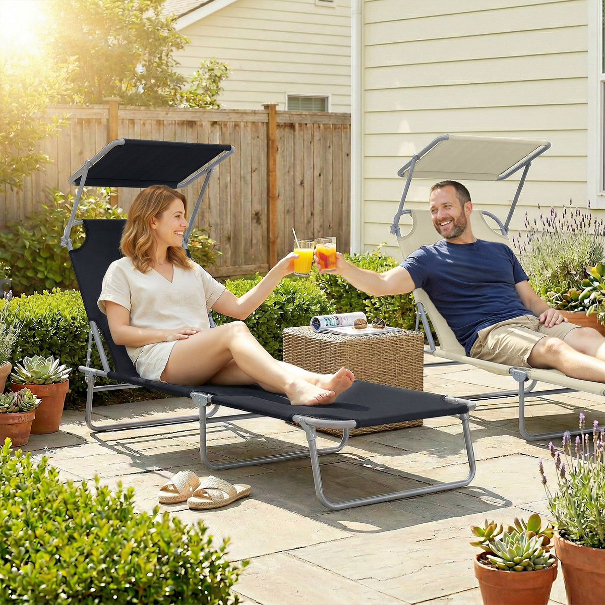 Outdoor Pool Chaise Lounge Chair, Folding Tanning Chair with Sun Shade, Black