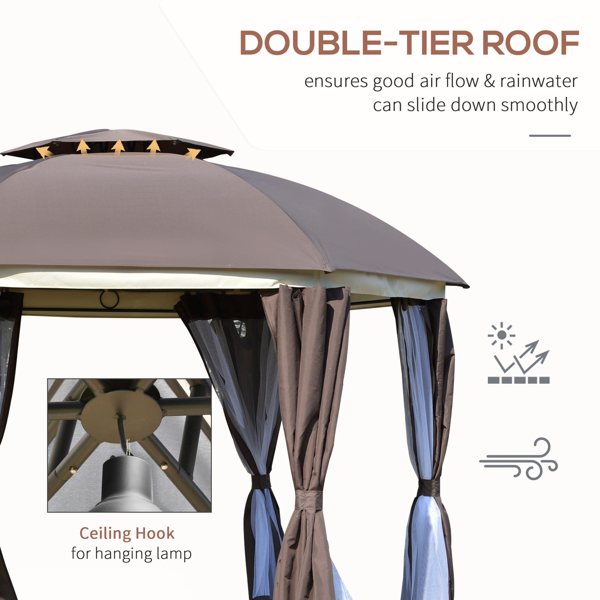 12' x 12' Round Outdoor Gazebo, Patio Dome Gazebo Canopy Shelter with Double Roof, Netting Sidewalls and Curtains, Zippered Doors, Strong Steel Frame, Brown