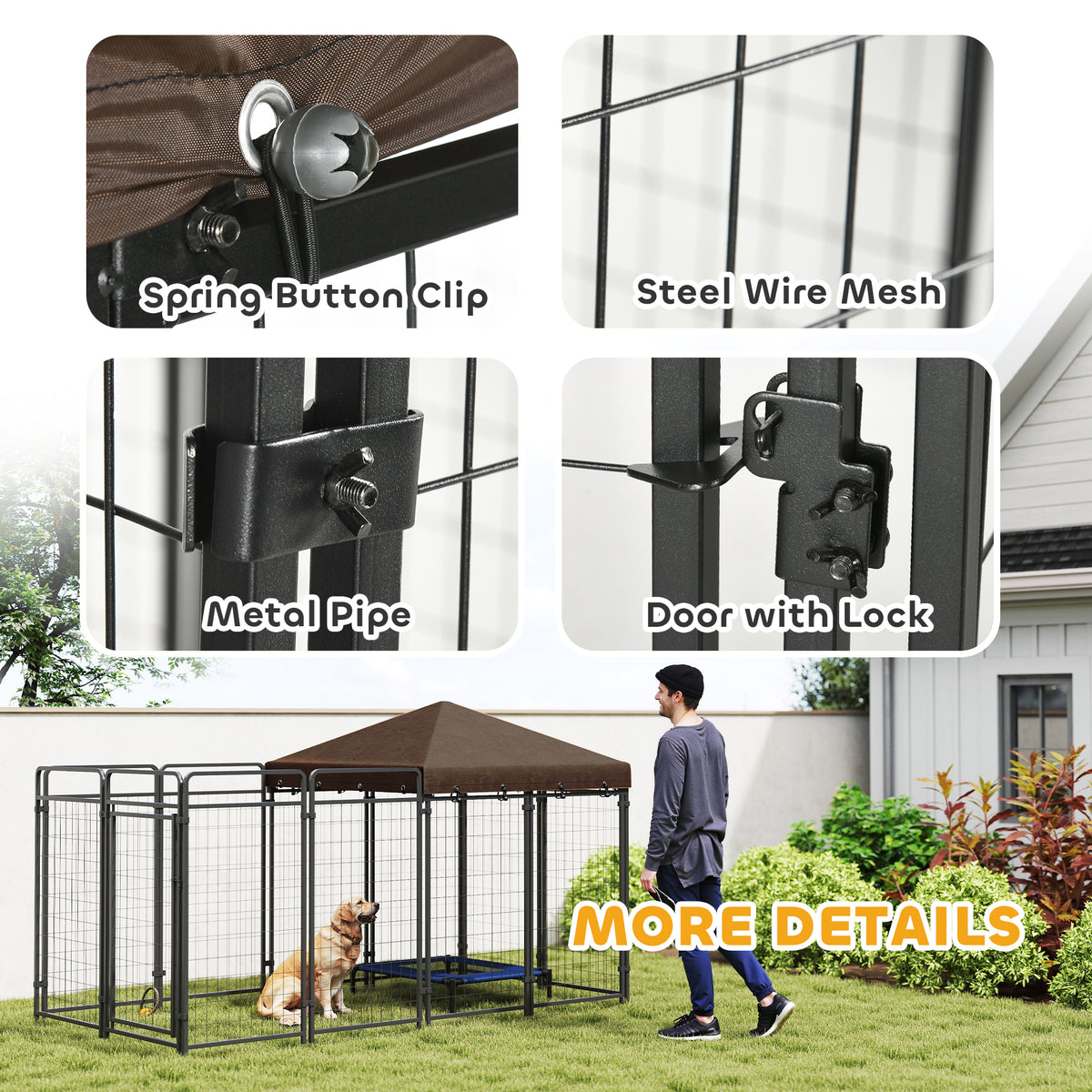 Dog Kennel Outdoor with Waterproof Canopy, Dog Run with Galvanized Chain Link, Secure Lock, for Backyard and Patio, Large and Medium Sized Breeds, Chickens, Ducks, 9.3' x 4.6' x 5.2'