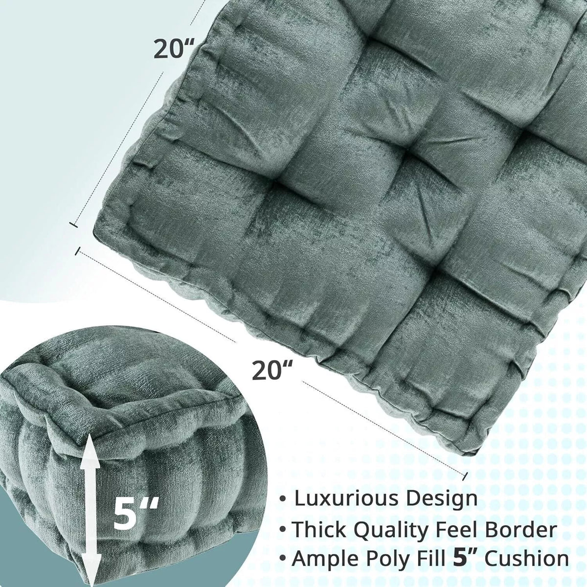Textured Chenille Square Floor Pillow Cushion with 100% Hypoallergenic Polyester, Tufted Detailing, Scalloped Edge, 20" L x 20" W x 5" H, Aqua