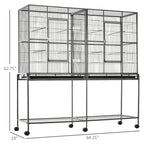 Rolling 65"L Bird Cage w/ Storage Shelf Wood Perch Food Container