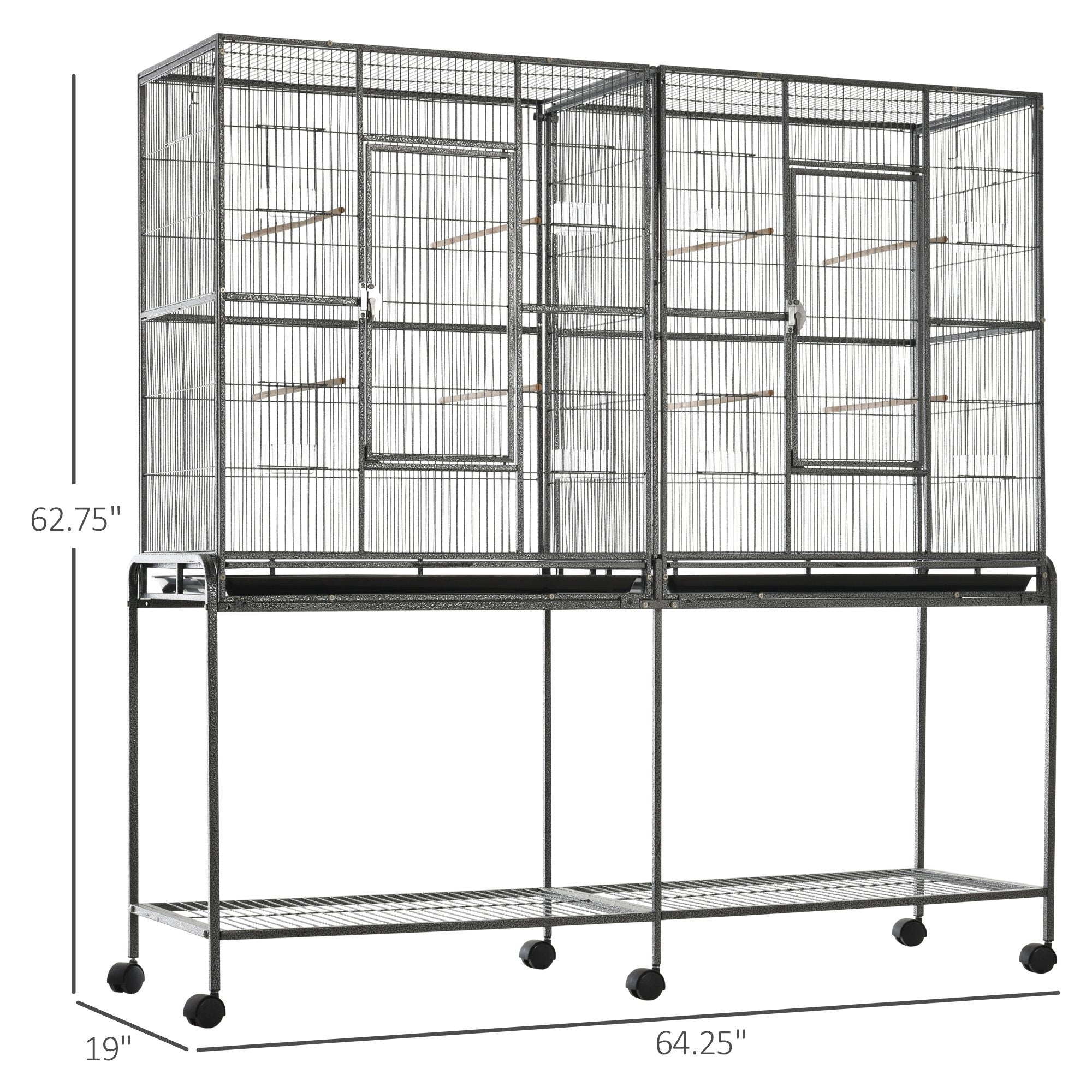 Rolling 65"L Bird Cage w/ Storage Shelf Wood Perch Food Container