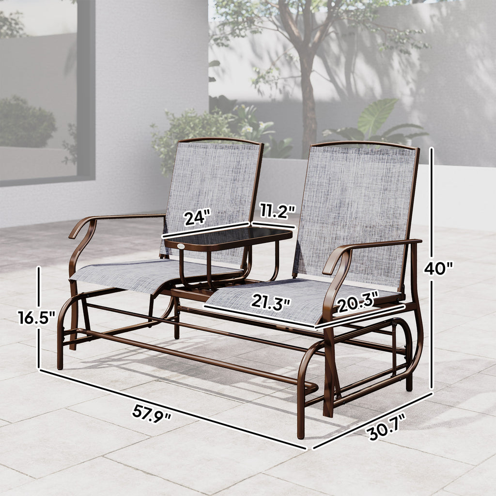 2-Seat Outdoor Glider Swing, Center Coffee Table and Independent Chairs, Supports Up to 352 lbs., Loveseat with Breathable Sling for Backyard, Garden, and Porch, Brown