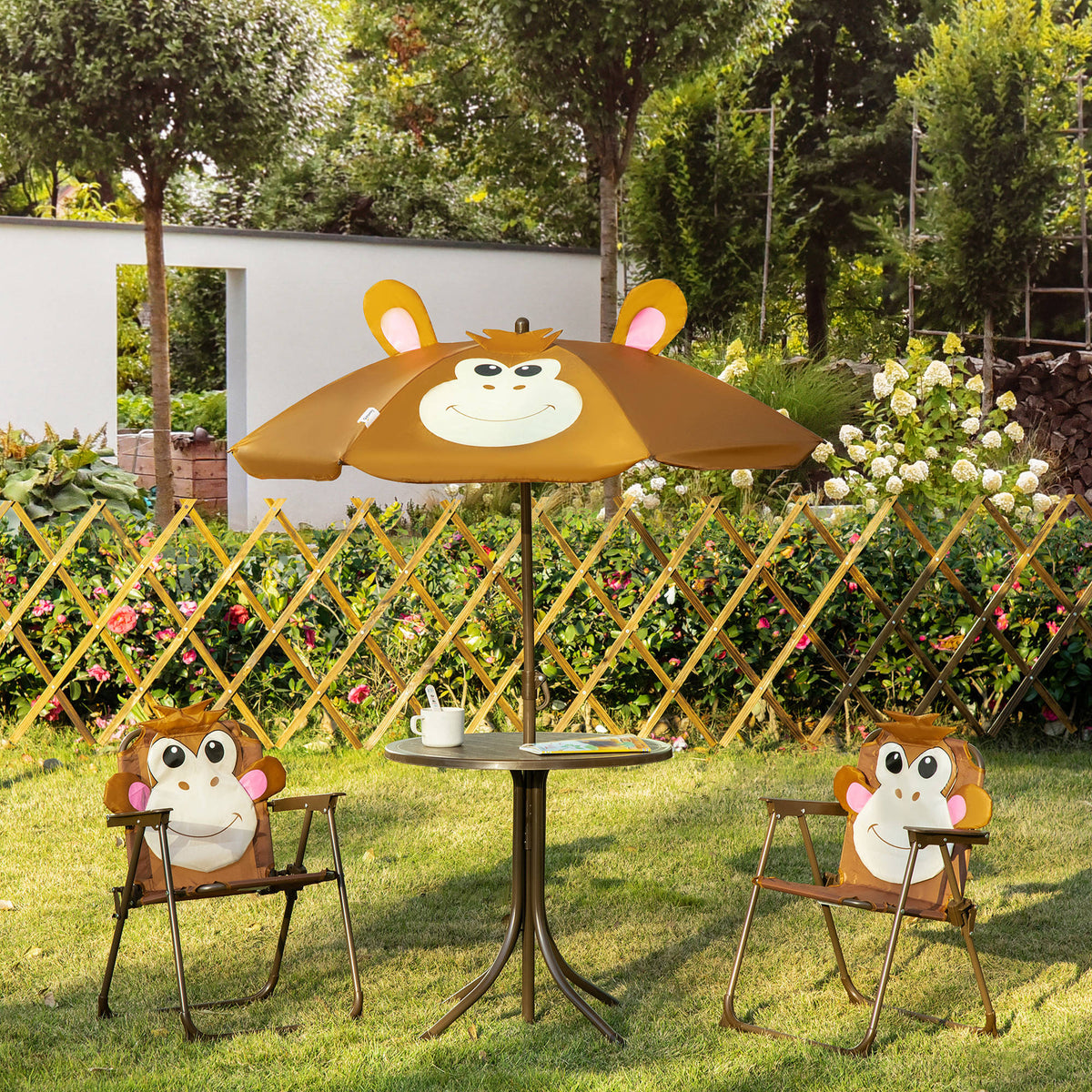 Kids Table and Chair Set, Outdoor Folding Garden Furniture, Picnic Table for Patio Backyard, with Removable & Height Adjustable Sun Umbrella, Brown