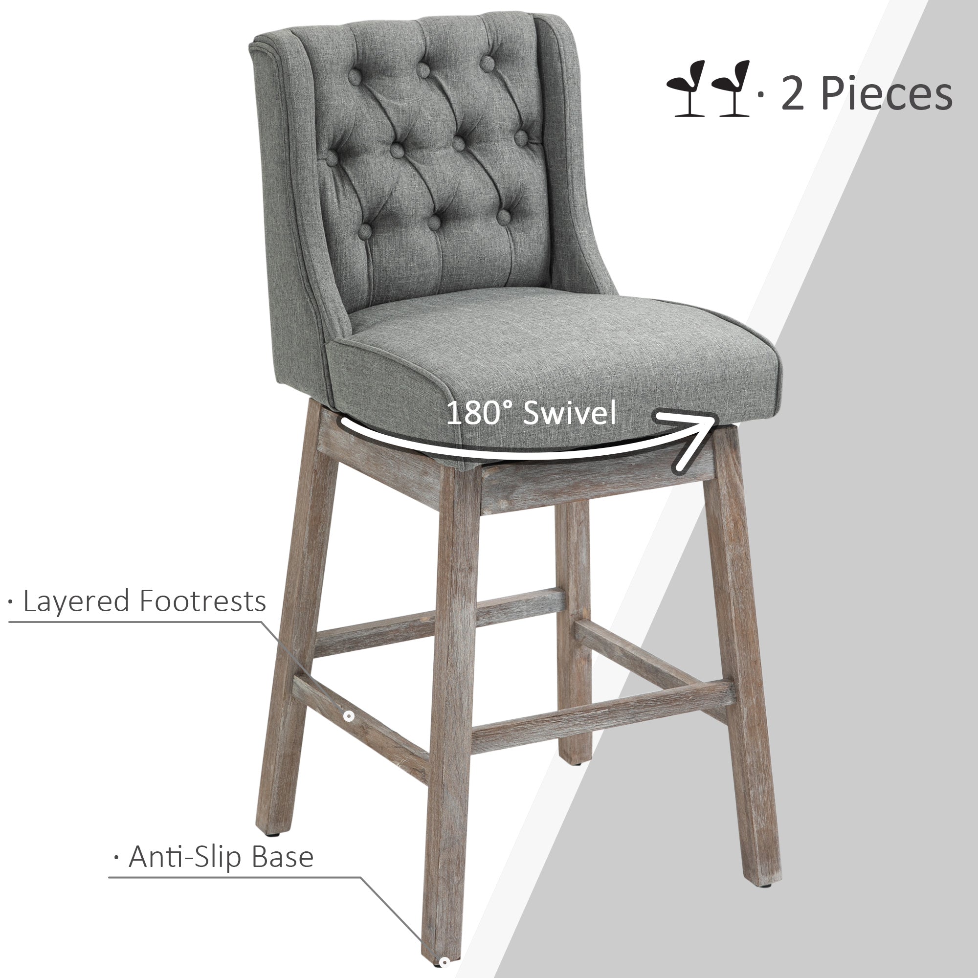 Bar Height Bar Stools Set of 2, 180 Degree Swivel Barstools with Solid Wood Footrests and Button Tufted Design, 30" Seat Height Bar Chairs for Kitchen Island, Gray