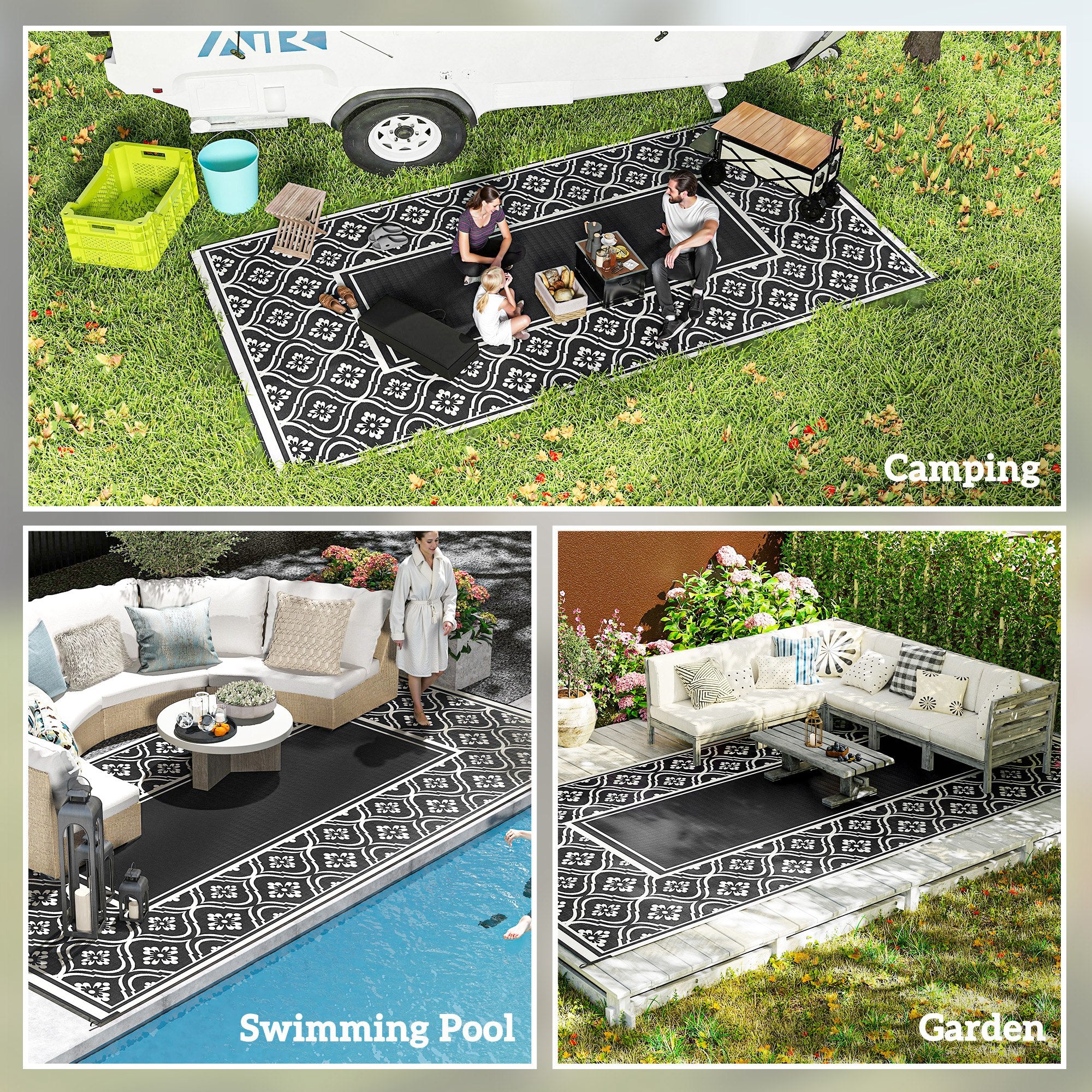 Reversible Outdoor Rug, Waterproof Plastic Straw with Carry Bag, 9' x 18', Black & White Gourd Border