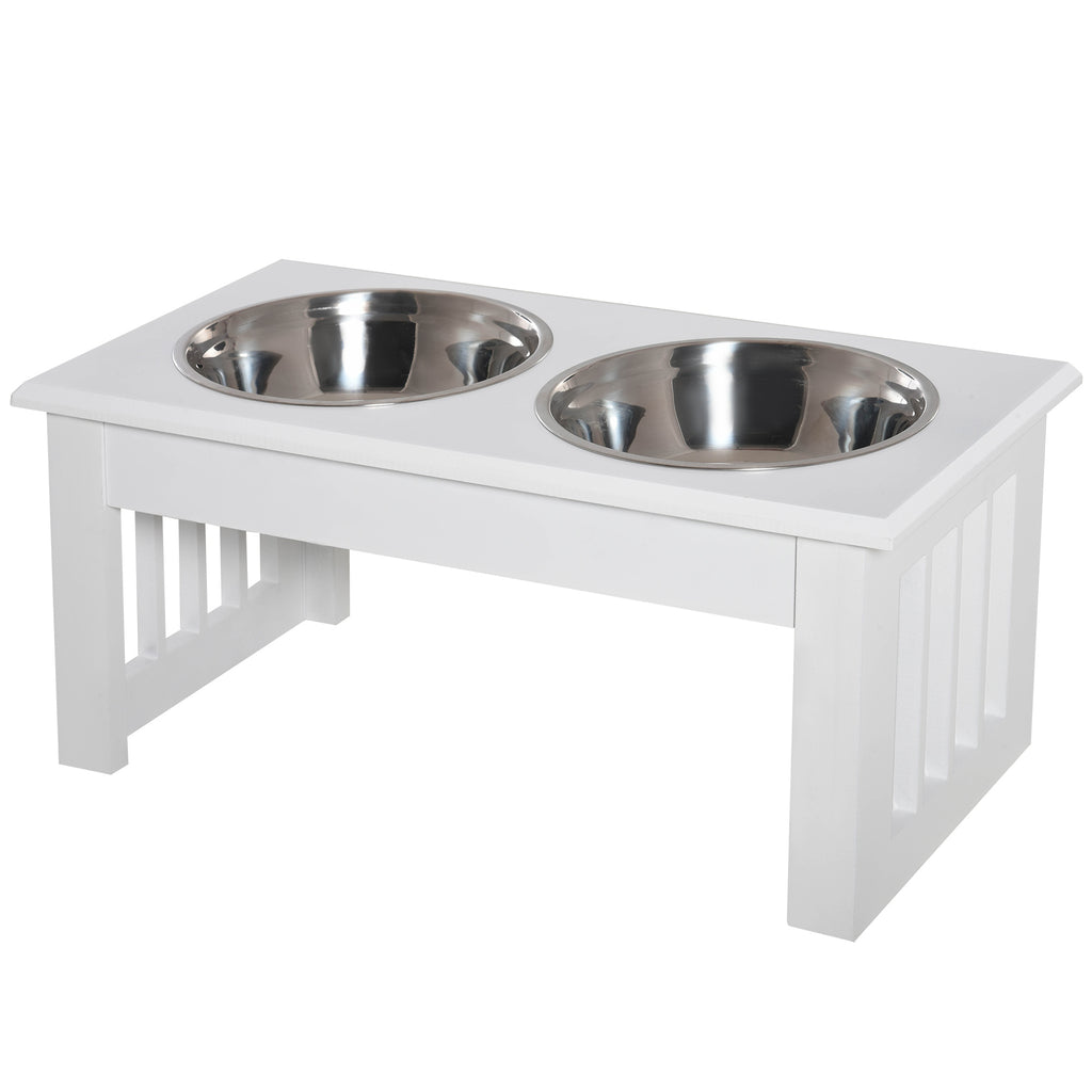 6" Height Small Puppy Dog Feeding Station for Messy Pets, Stainless Steel Elevated Dog Bowls with Modern Wooden Frame, Dog Food Stand Pet Feeding Station, White