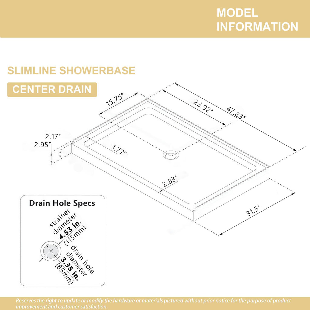 32" x 48" Shower Base with Durable No-Flex Construction, Acrylic 3-Wall Alcove Shower Pan with Center Drain, 48" L x 32" W x 3" H, Gloss White