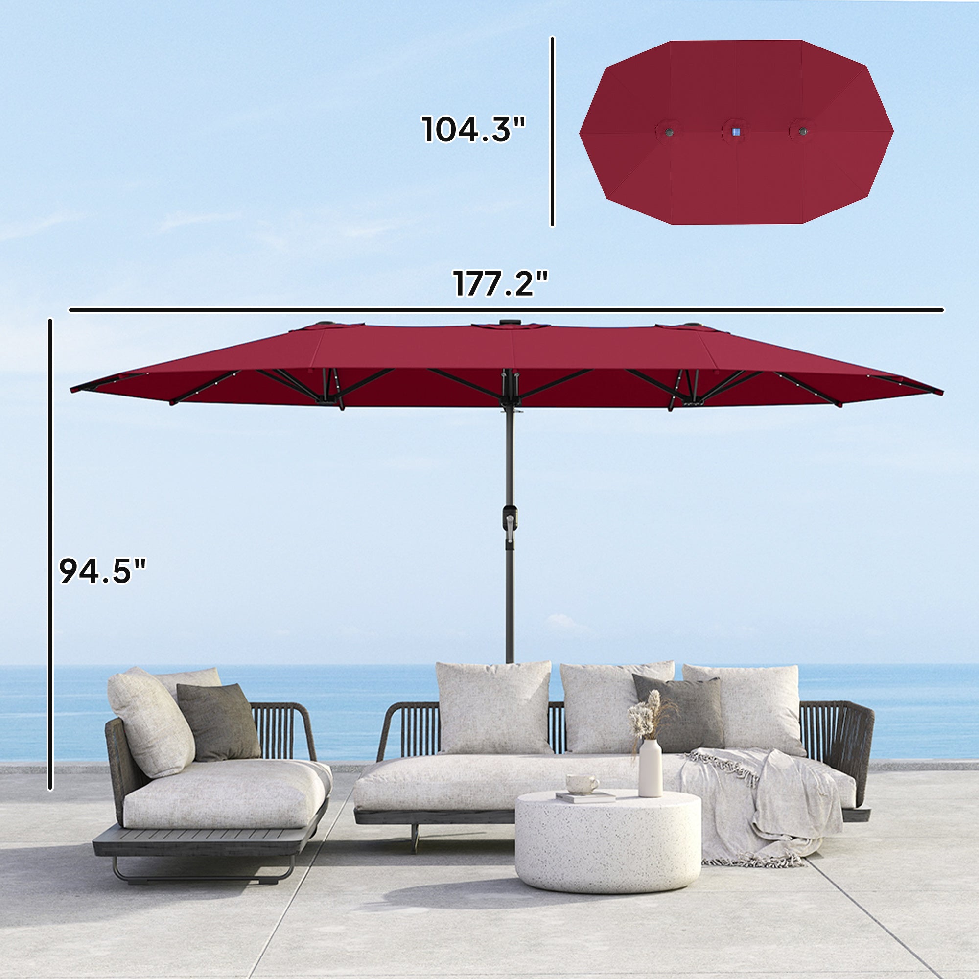 Garden Parasol, Double-Sided Sun Umbrella with LED Solar Lights, Patio Parasol for Outdoor, Wine Red