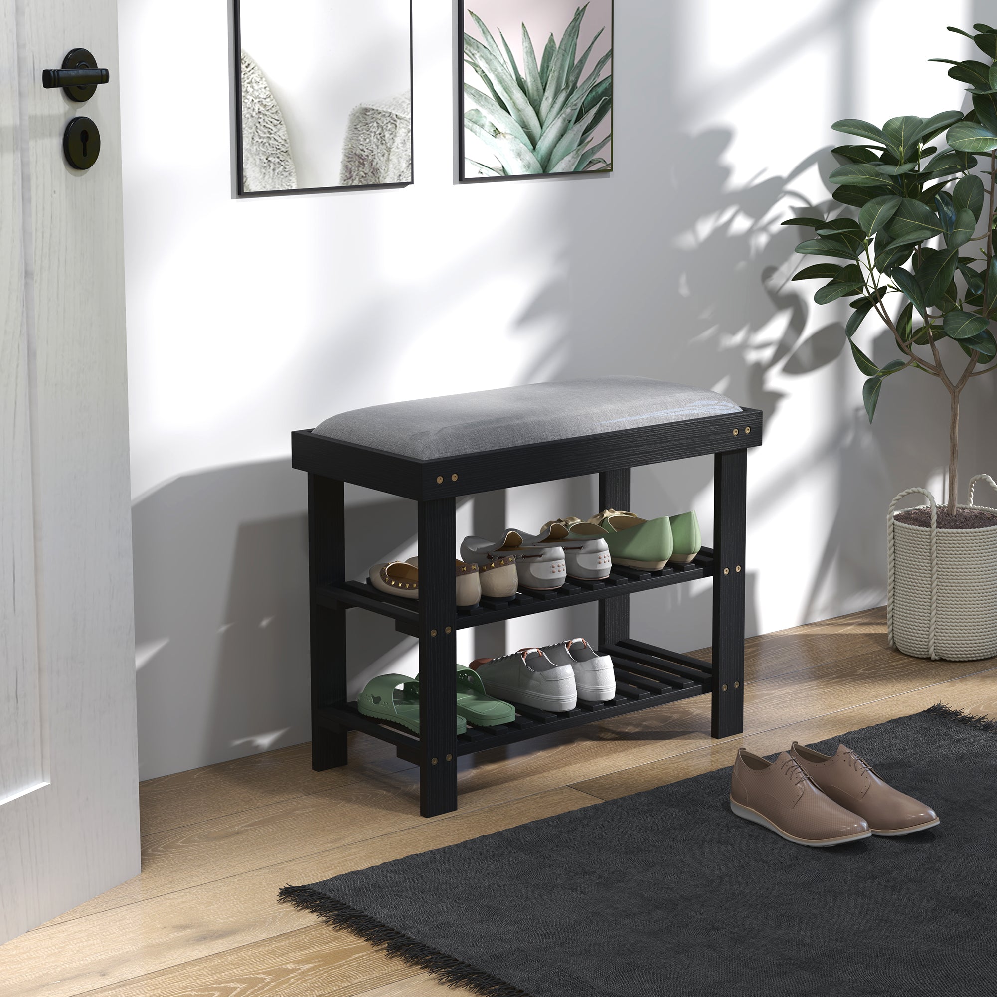 Bamboo Shoe Storage Bench, 3-Tier Entryway Bench with Cushion, Shoe Organizer for Entryway, Hallway, Black