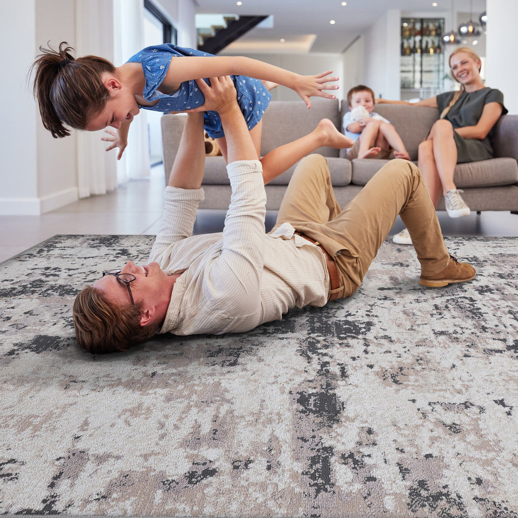 Naar 8x10 Stain-Resistant Area Rug with Cotton Backing, Medium Pile Height, Kid and Pet-Friendly Carpet, 120" L x 93" W x 0.3" H, Cream+Brown