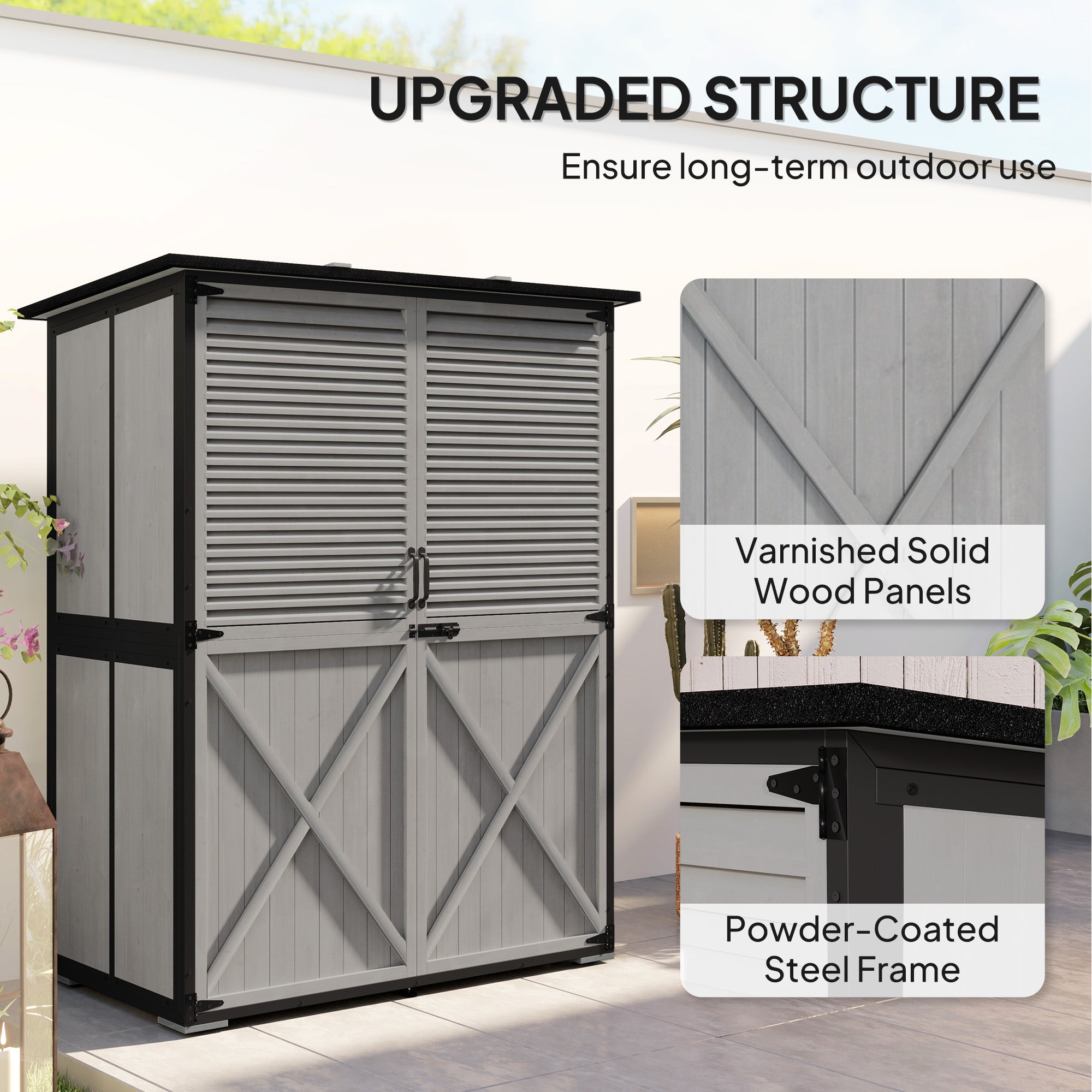 Wood Storage Shed, Outdoor Garden Shed with Asphalt Roof, 2 Shelves, Lockable Doors and Adjustable Feet, Gray