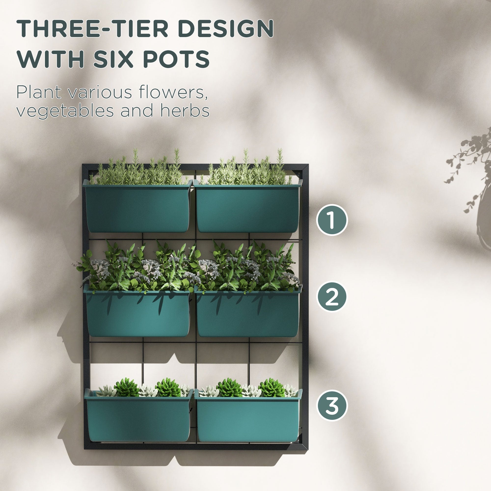 3-Tier Hanging Planter with 6 Pots for Indoor and Outdoor Use, Wall Planter, Self Draining & Wall Mounted, Green