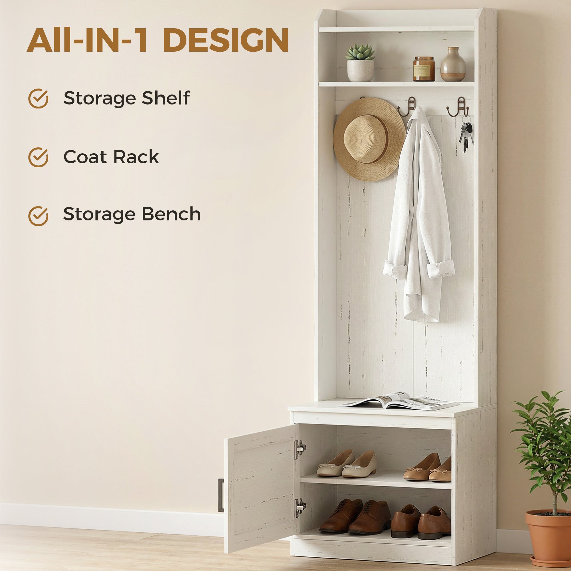 Narrow Hall Tree with Shoe Storage Bench, Rustic Entryway Bench with Coat Rack, Accent Coat Tree with Storage Shelves for Hallway, Mudroom, White Wood Grain