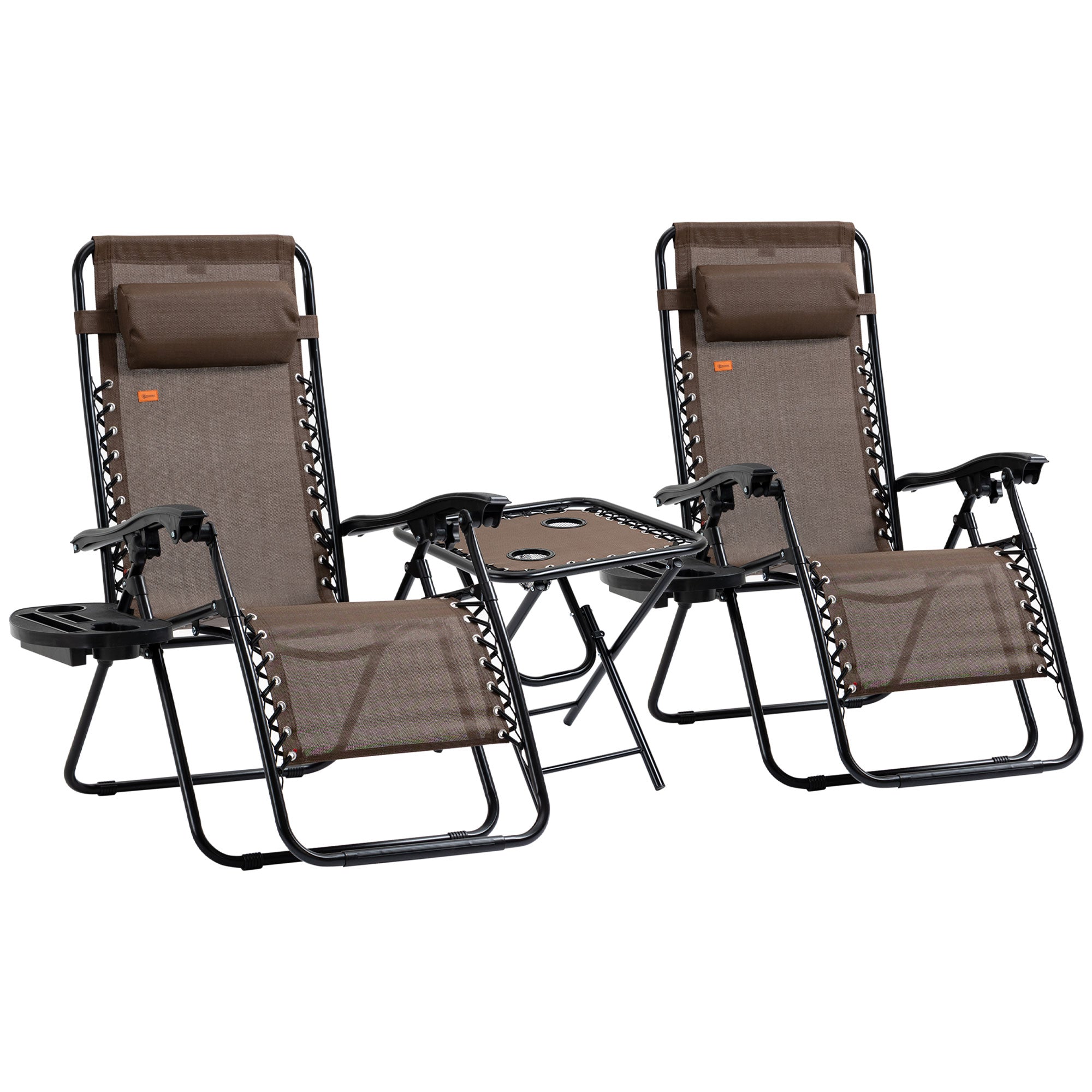 Zero Gravity Chair Set with Side Table, Folding Reclining Chair with Cupholders & Pillows, Adjustable Lounge Chairs for Pool, Backyard, Lawn, Beach, Brown