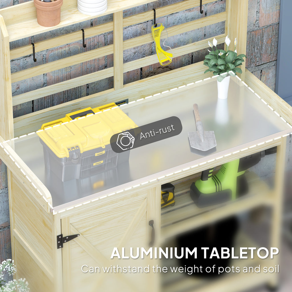 Wooden Potting Bench with Storage, Aluminum Tabletop for Backyard, Patio, Balcony, Natural