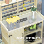 Wooden Potting Bench with Storage, Aluminum Tabletop for Backyard, Patio, Balcony, Natural