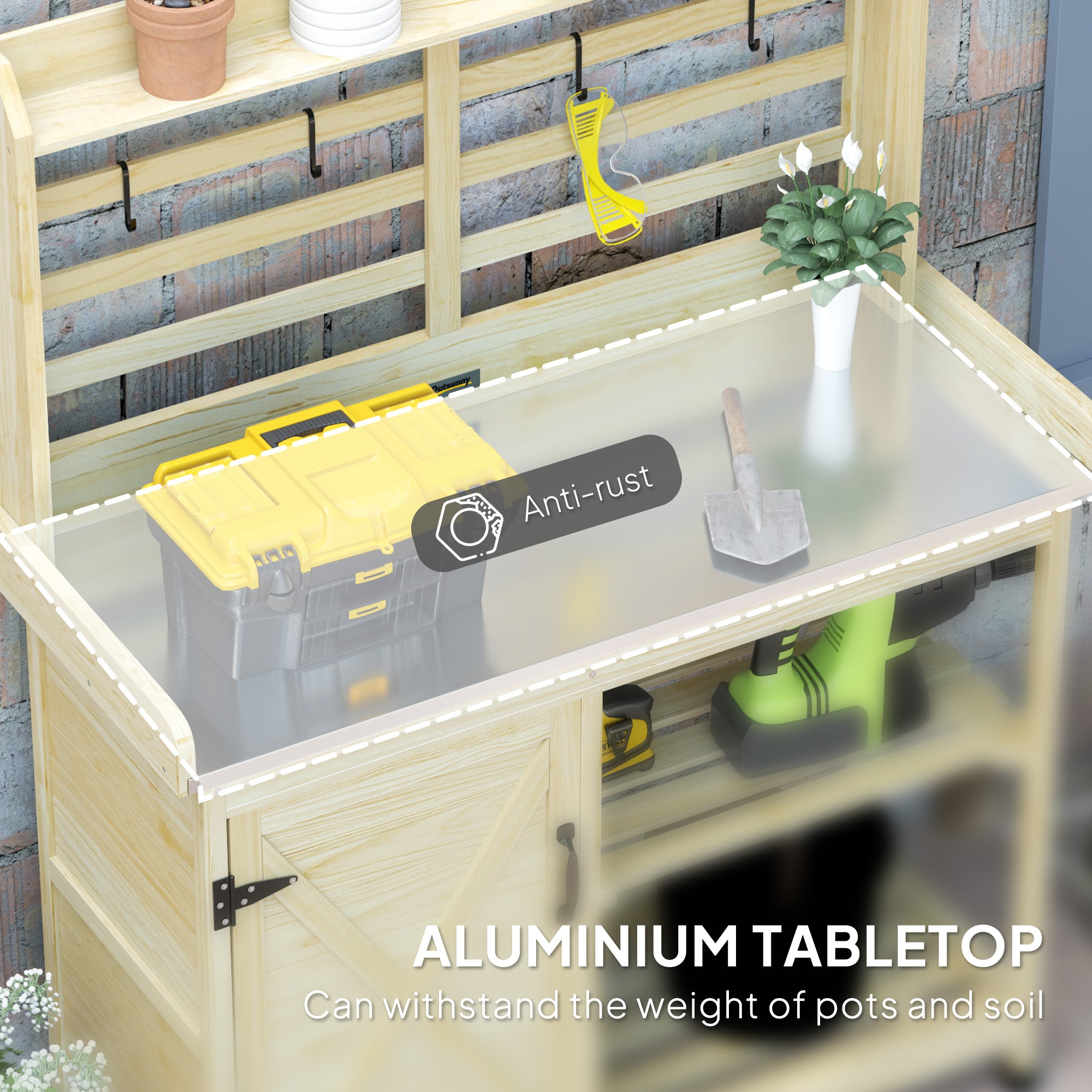 Wooden Potting Bench with Storage, Aluminum Tabletop for Backyard, Patio, Balcony, Natural