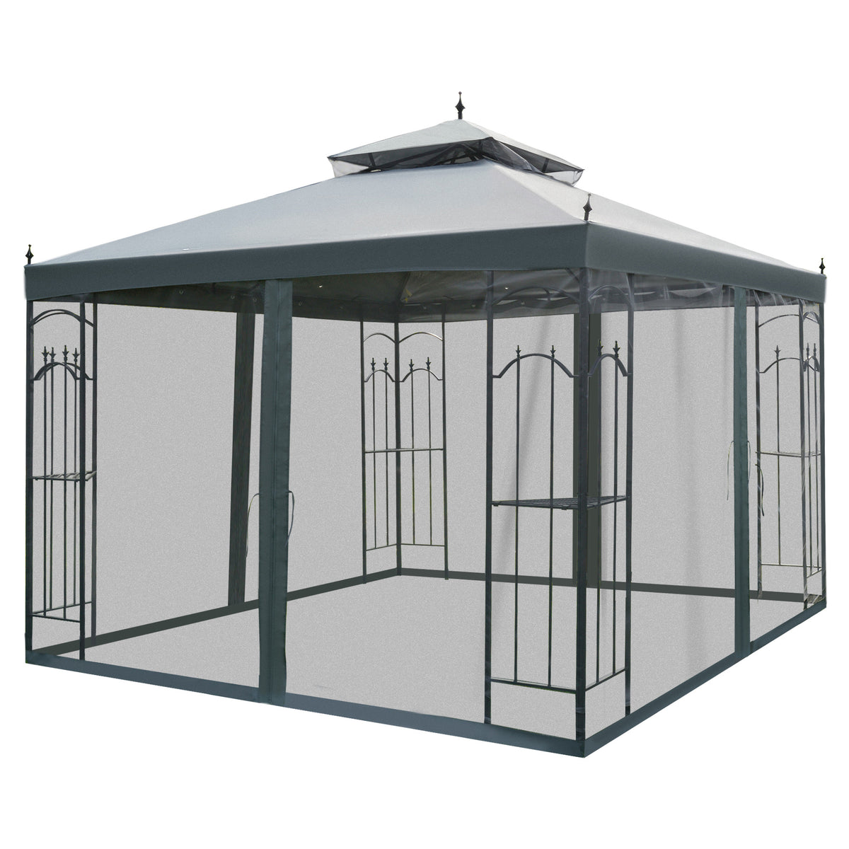 118" x 118" Steel Outdoor Patio Gazebo Canopy with Removable Mesh Curtains, Display Shelves, & Steel Frame, Gray