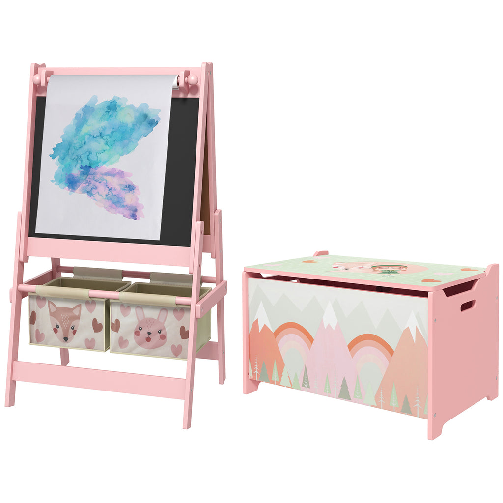 Toy Box with Lid and Kids Easel with Paper Roll, Blackboard, Whiteboard, Cute Fox Design, for Ages 3-8 Years, Pink