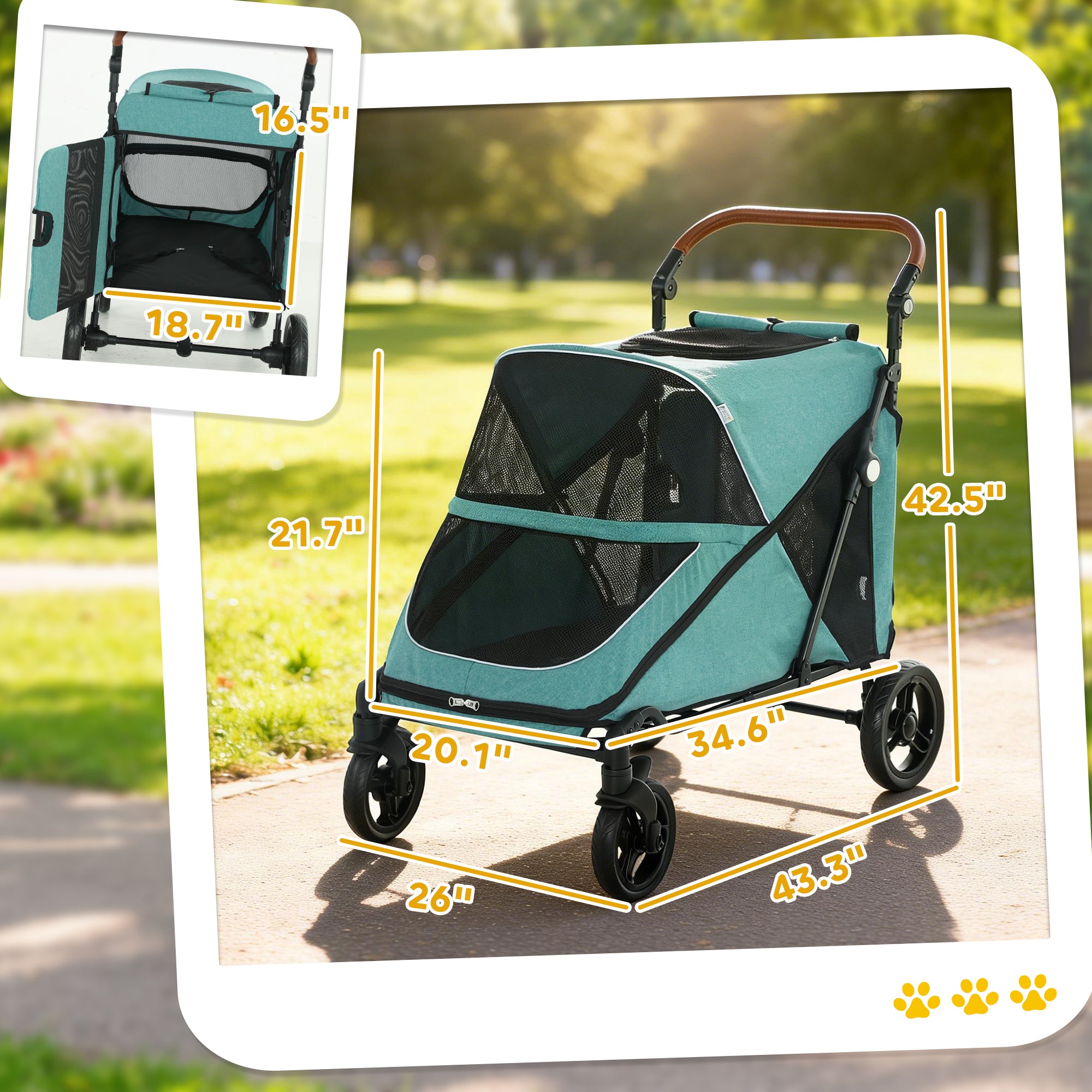 Dog Stroller for Large Dogs Up to 66 LBS with All-Terrain Spring Suspension, 8-Position Adjustable Handle, Teal