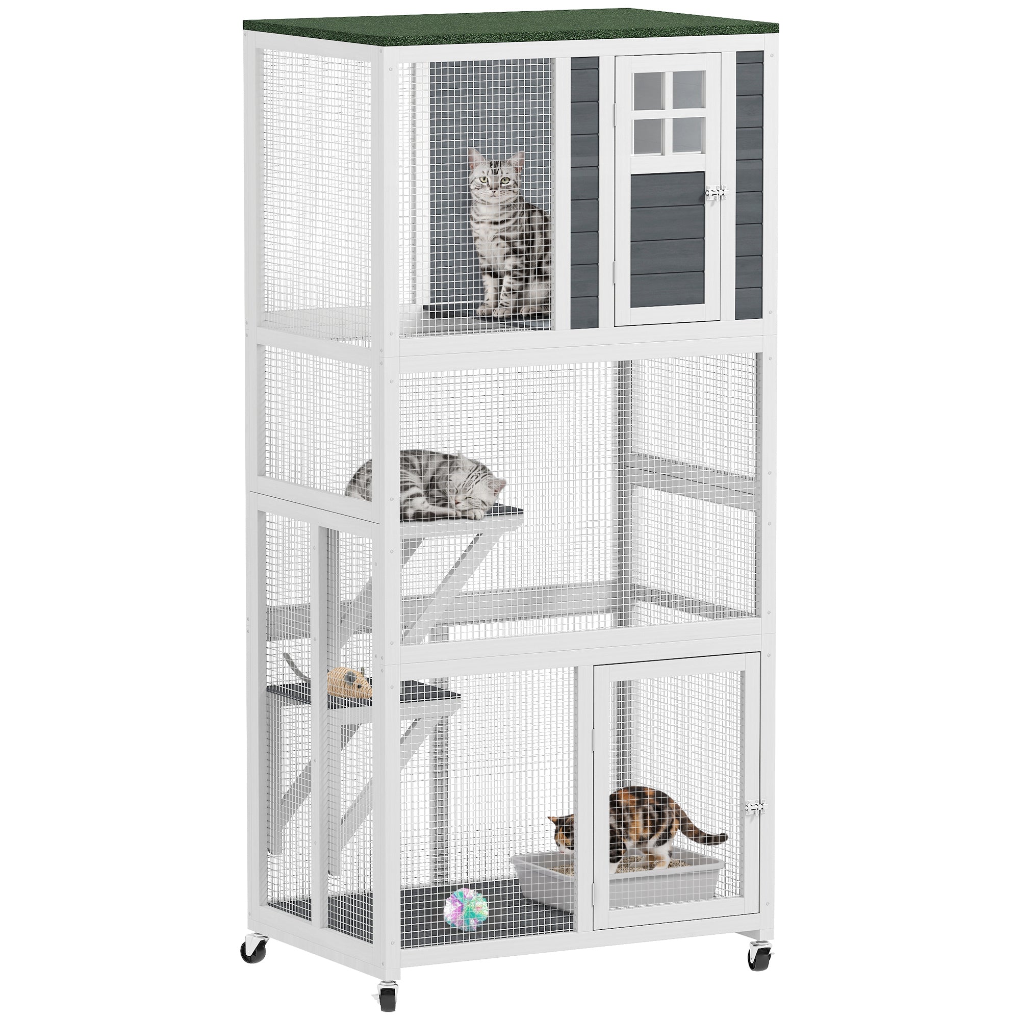 74" Wooden Catio Outdoor Cat Enclosure Weatherproof & Wheeled, Outside Cat House with High Weight Capacity, Kitten Cage Condo, White