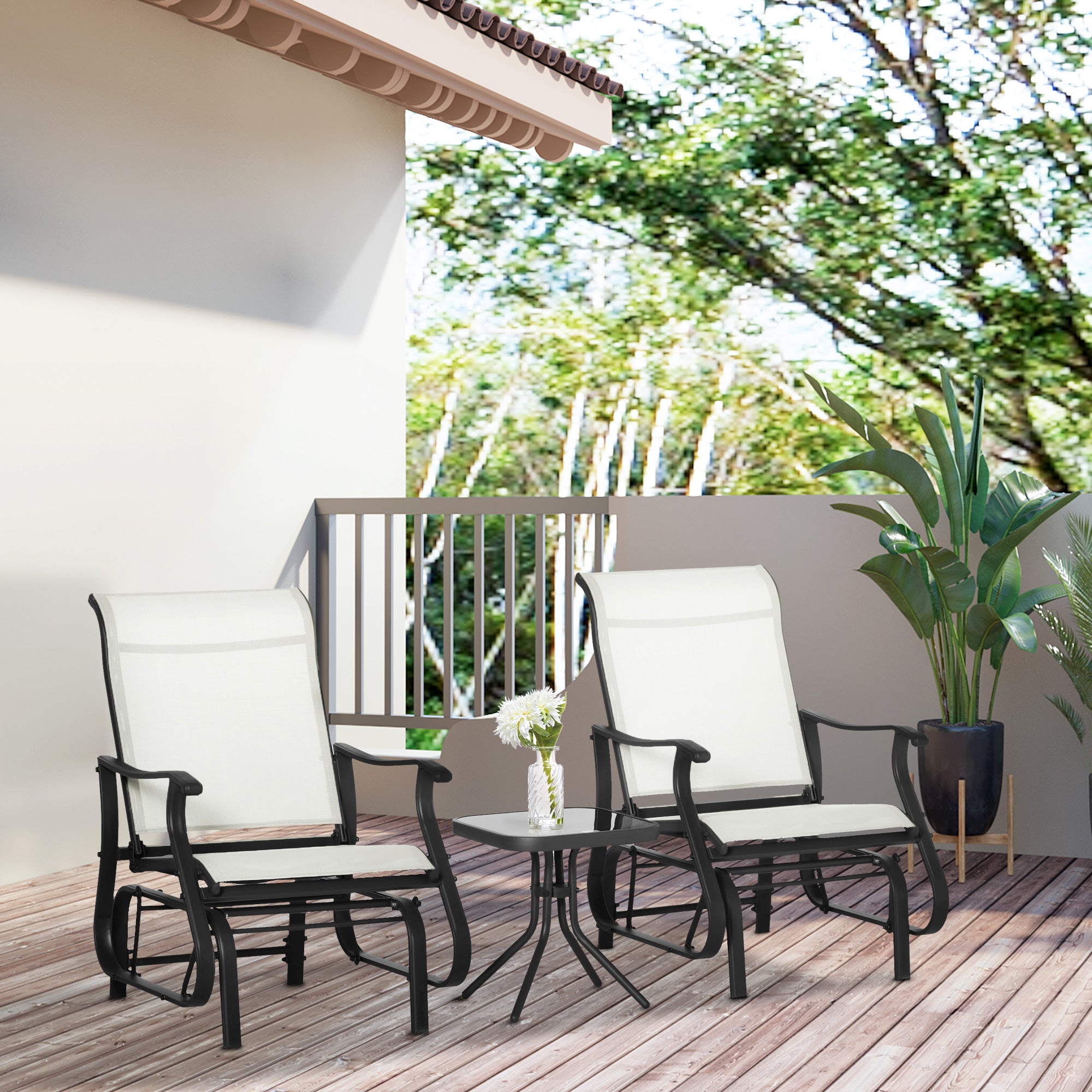 3-Piece Outdoor Gliders Set Bistro Set with Steel Frame, Tempered Glass Top Table for Patio, Garden, Backyard, Lawn, Cream White
