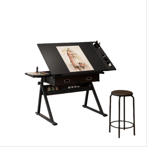 Adjustable Drafting Table Desk with Tilt Top, 2 Large Fabric Drawers, Drawing Desk with Leveling Feet, 38.5" L x 23.5" W x 27" - 36" H, Black