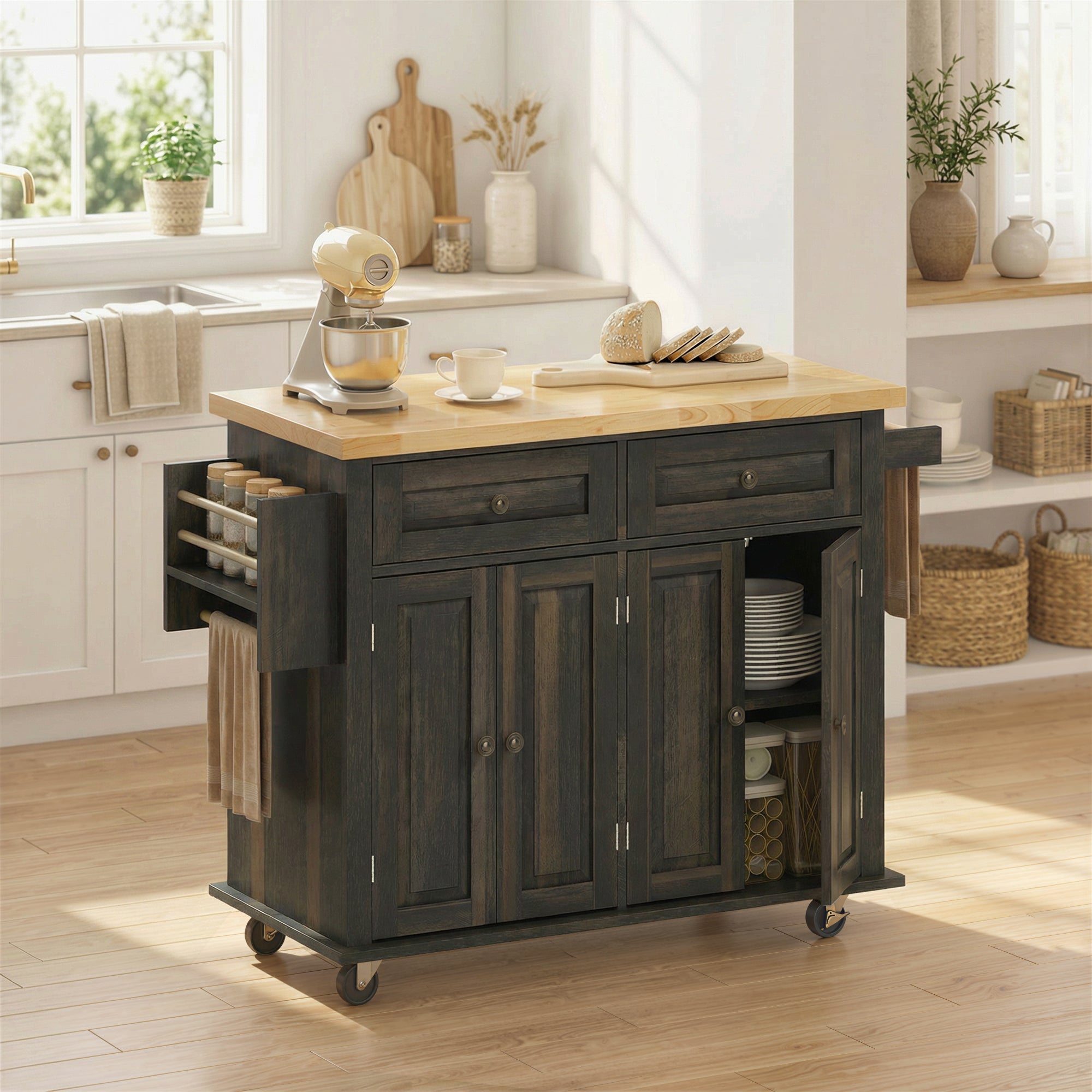 44" Mobile Kitchen Island Table, Kitchen Island Cart on Wheels with Storage Cabinets, 2 Drawers, Brown
