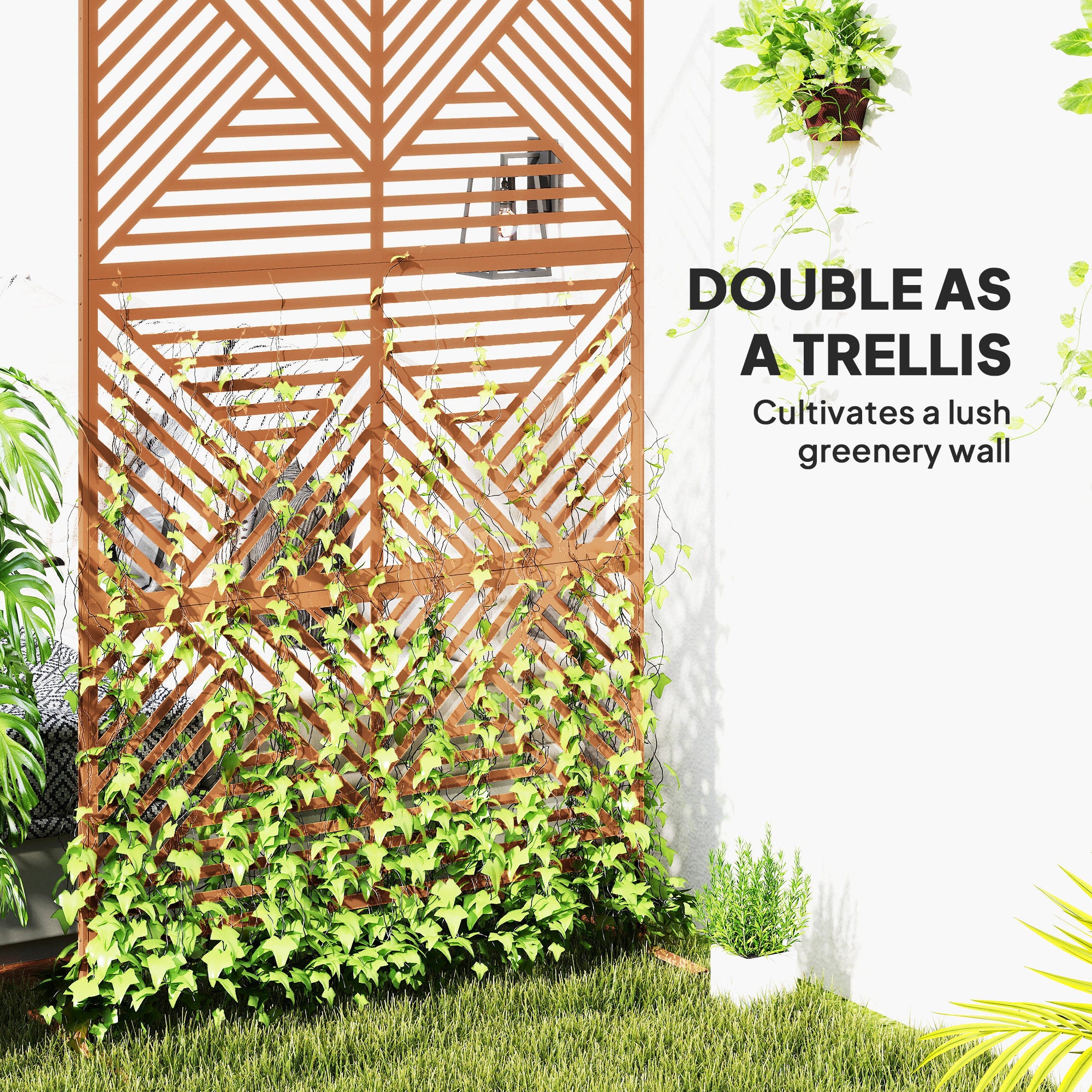 Decorative Privacy Fence Screen, Metal Outdoor Privacy Screen Climbing Plant Trellis with Stand, Rhombus Brown