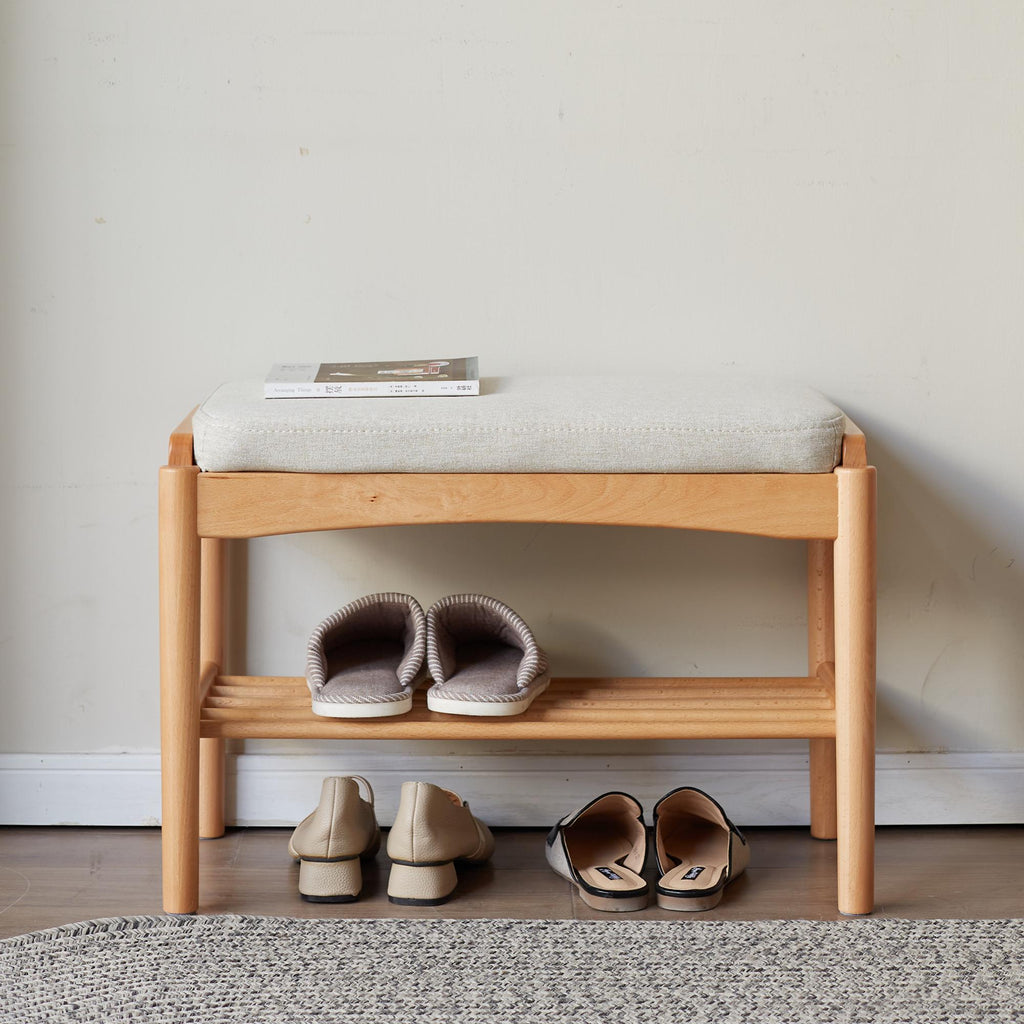 Mid-Century Shoe Bench with High-Rebound Sponge Cushion, Sturdy Shoe Rack with Slatted Compartment, 23.5″ L x 12″ W x 16.5″ H, Natural
