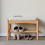 Mid-Century Shoe Bench with High-Rebound Sponge Cushion, Sturdy Shoe Rack with Slatted Compartment, 23.5″ L x 12″ W x 16.5″ H, Natural