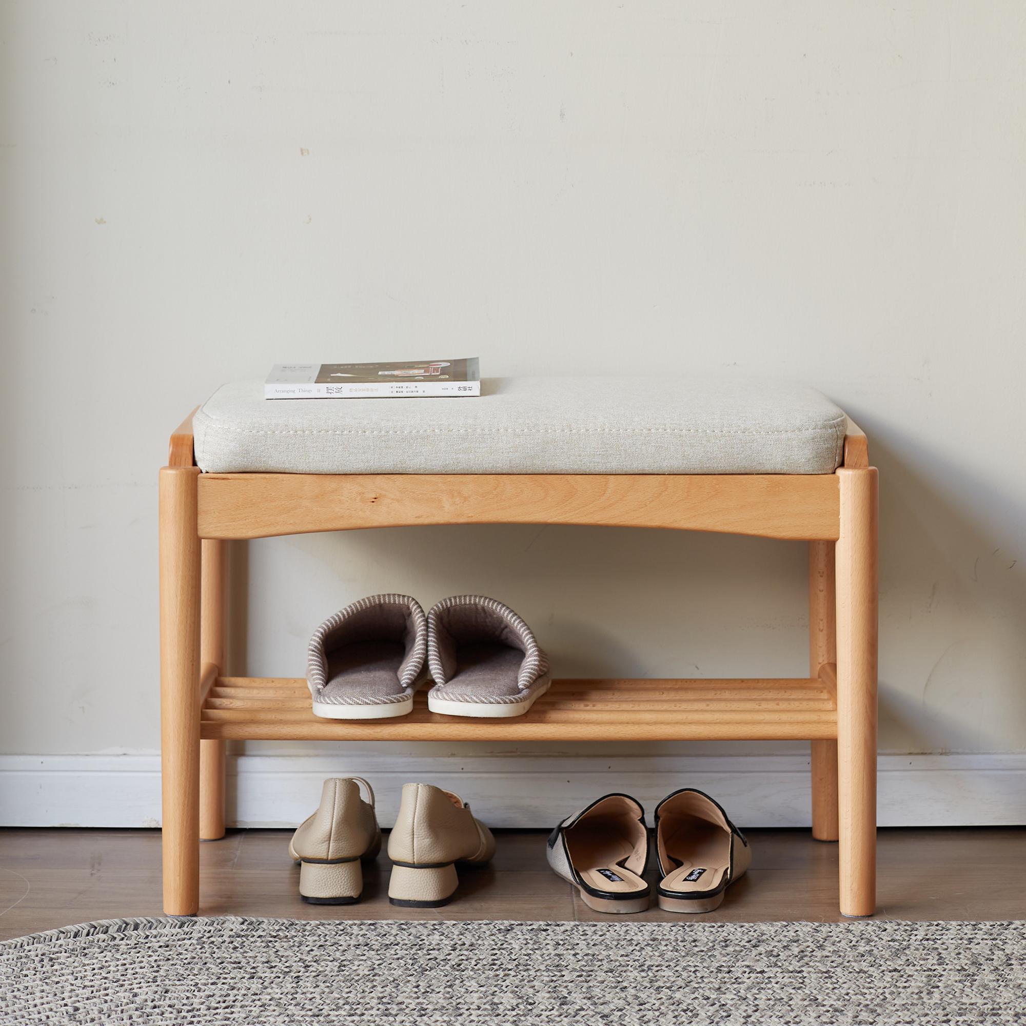 Mid-Century Shoe Bench with High-Rebound Sponge Cushion, Sturdy Shoe Rack with Slatted Compartment, 23.5″ L x 12″ W x 16.5″ H, Natural