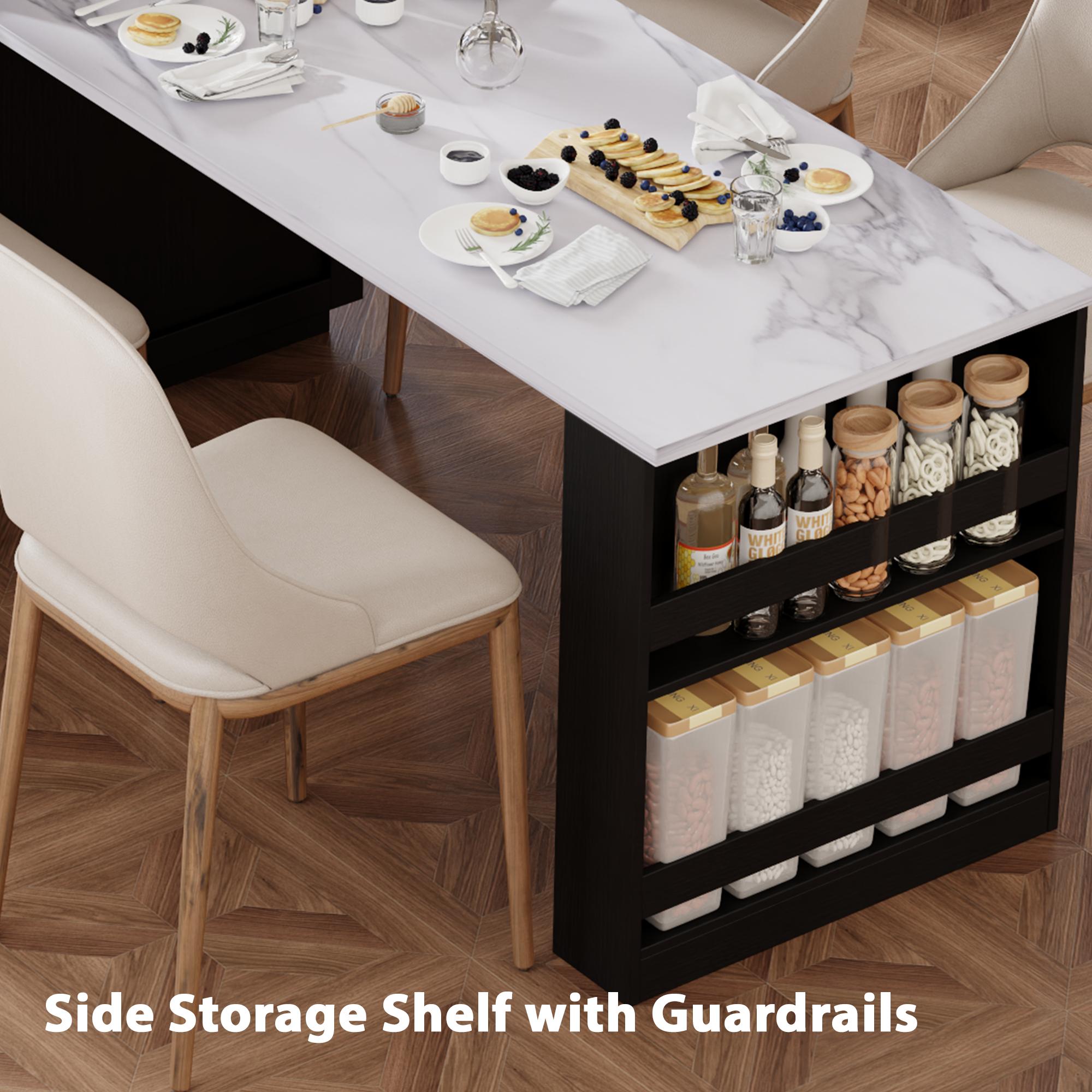 Kitchen Island with Extendable Dining Table for 4-6, Faux Marble Top, Double-Sided Storage, Power Outlet, 2 Drawers, 2 Side Open Shelves, Black