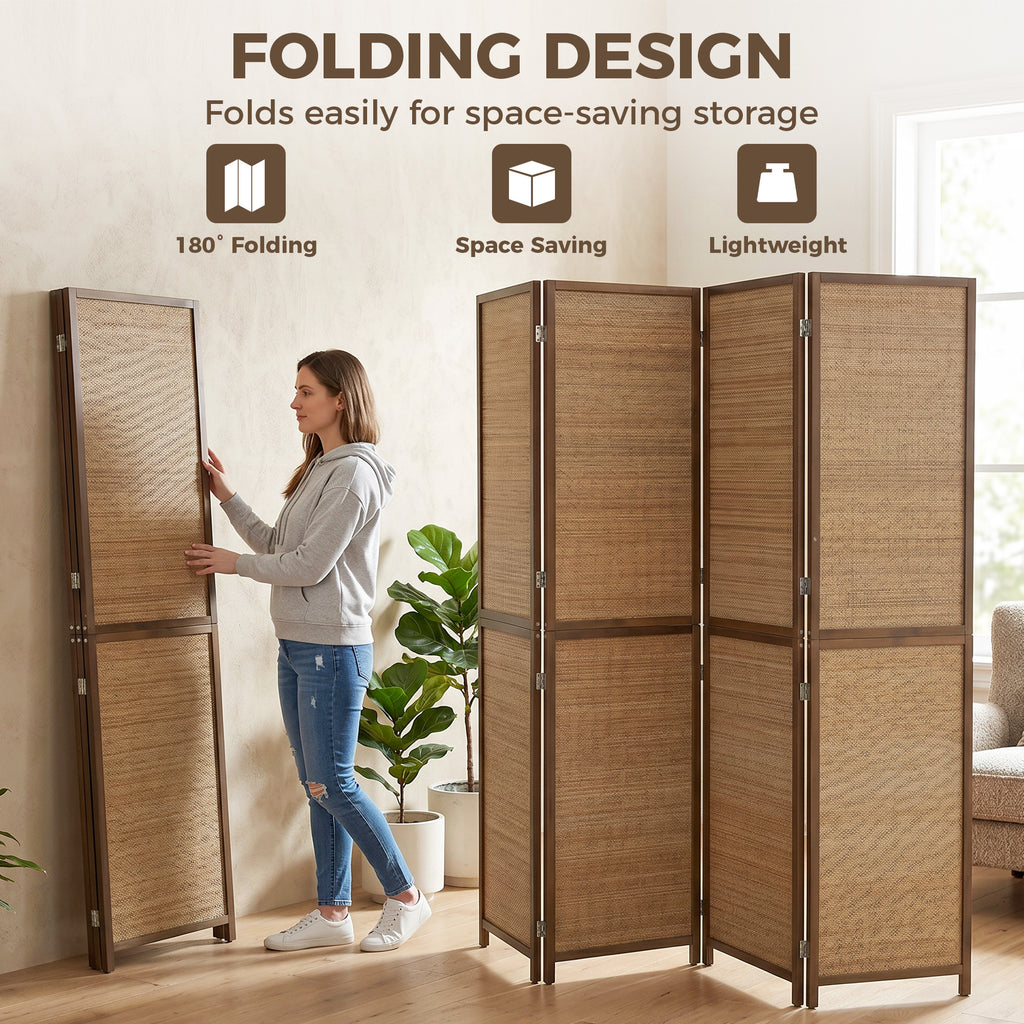 Room Divider, 4 Panel Folding Privacy Screen, 6 FT Tall Hand-Woven Bamboo Wall Partition, Brown
