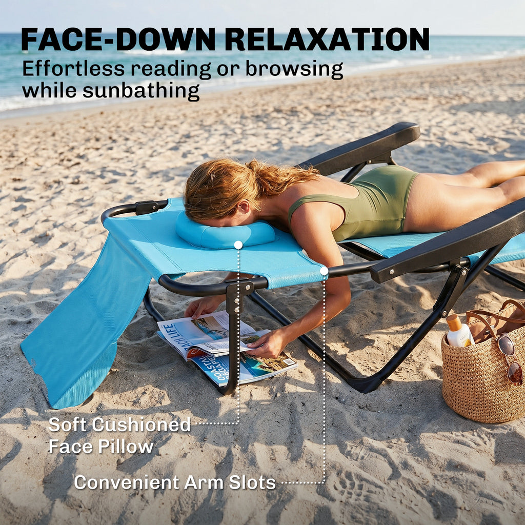 Folding Lounge Chair w/ Reclining Back, Light Blue