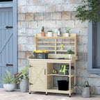 Wooden Potting Bench with Storage, Aluminum Tabletop for Backyard, Patio, Balcony, Natural