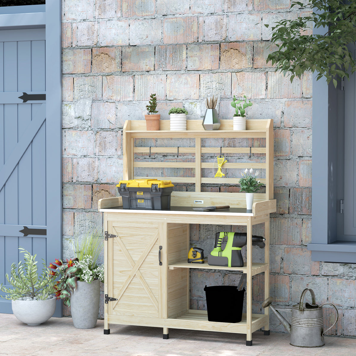 Wooden Potting Bench with Storage, Aluminum Tabletop for Backyard, Patio, Balcony, Natural