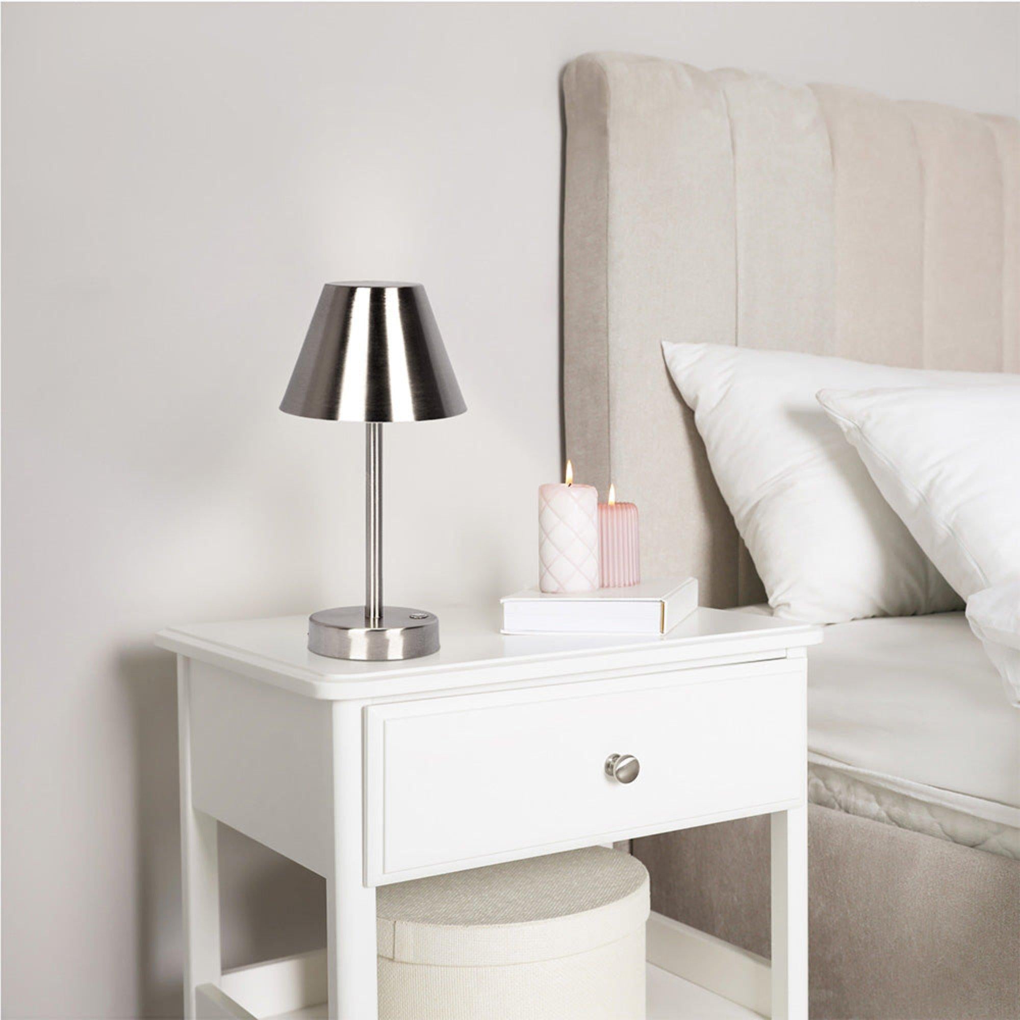 Elegance Rechargeable LED Table Lamp with Touch Switch, Brushed Nickel Finish, Metal Construction, 5" L x 5" W x 10.5" H, Brushed Nickel+Silver