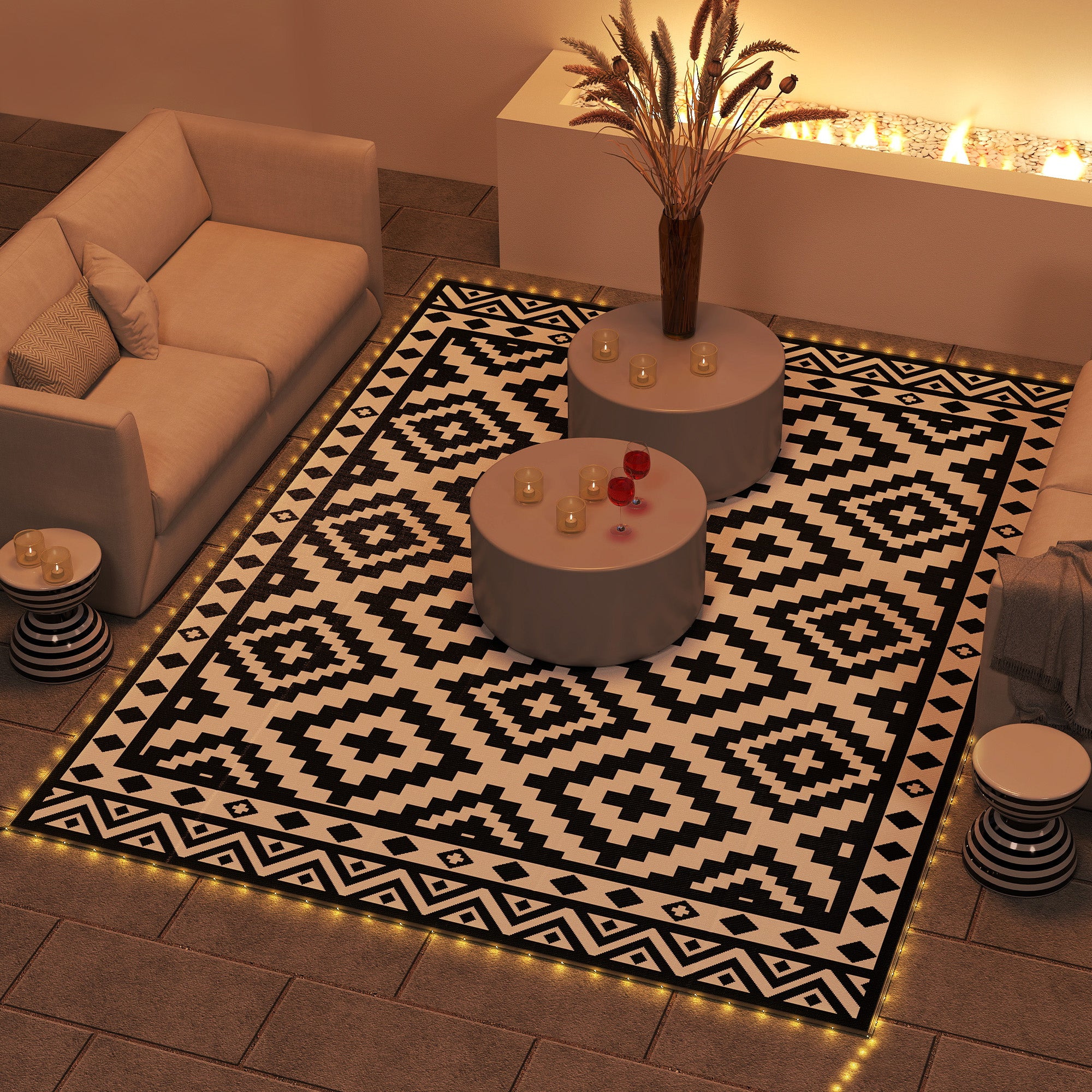 Outdoor Rug Carpet Reversible Plastic Straw Rug with LED Lights Black and White 12' x 9' for Patio