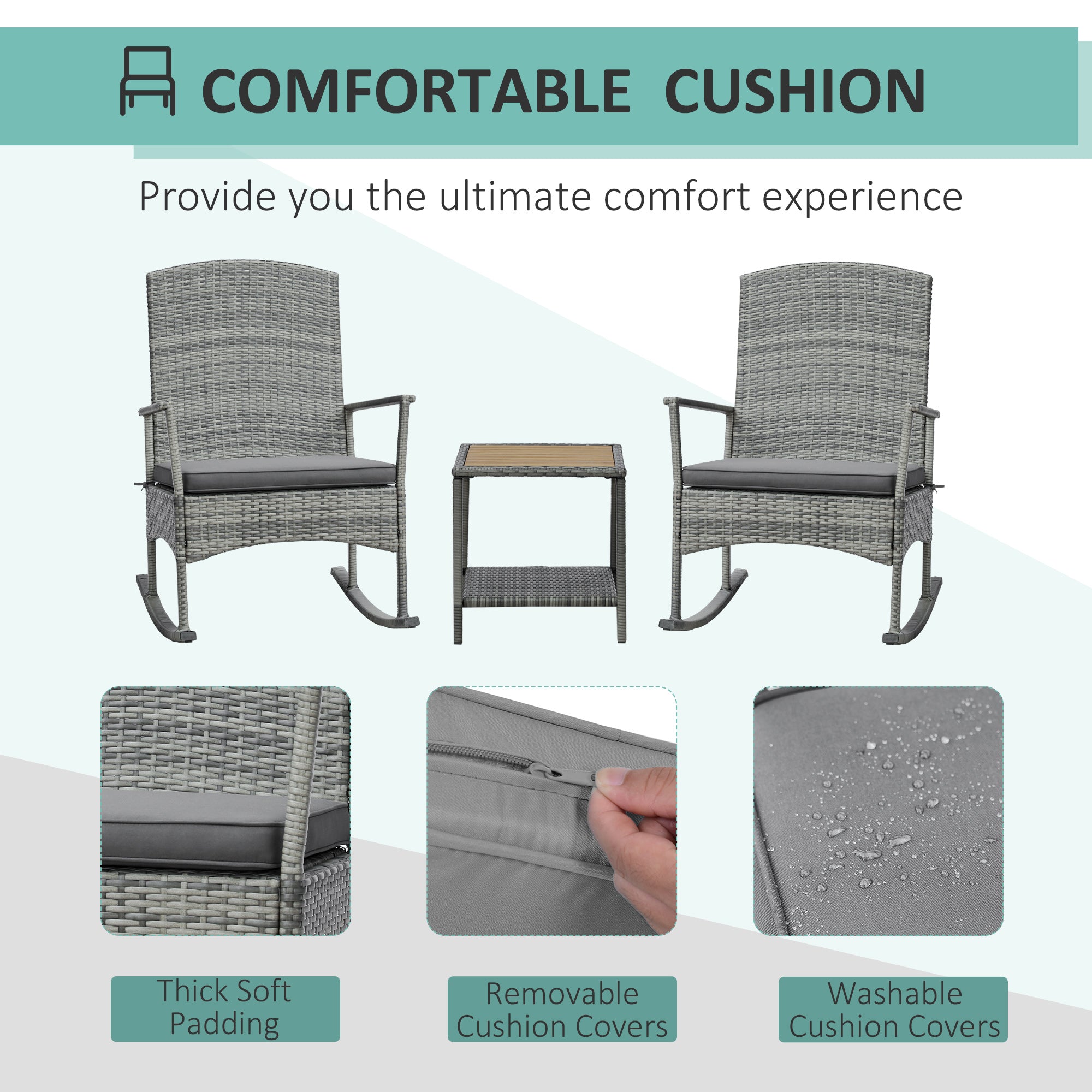 3 Piece Outdoor PE Rattan Rocking Chair Set, Patio Wicker Recliner Rocker Chair with Soft Cushion & Nature Wood Top Coffee Table, Gray