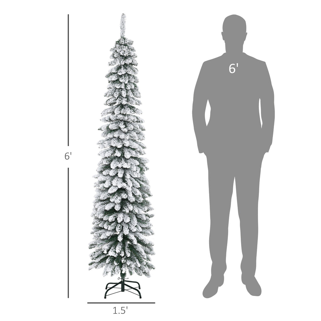6' Tall Unlit Slim Pencil Xmas Tree, Snow Flocked Artificial Christmas Tree with Realistic Branches and 603 Tips, Green