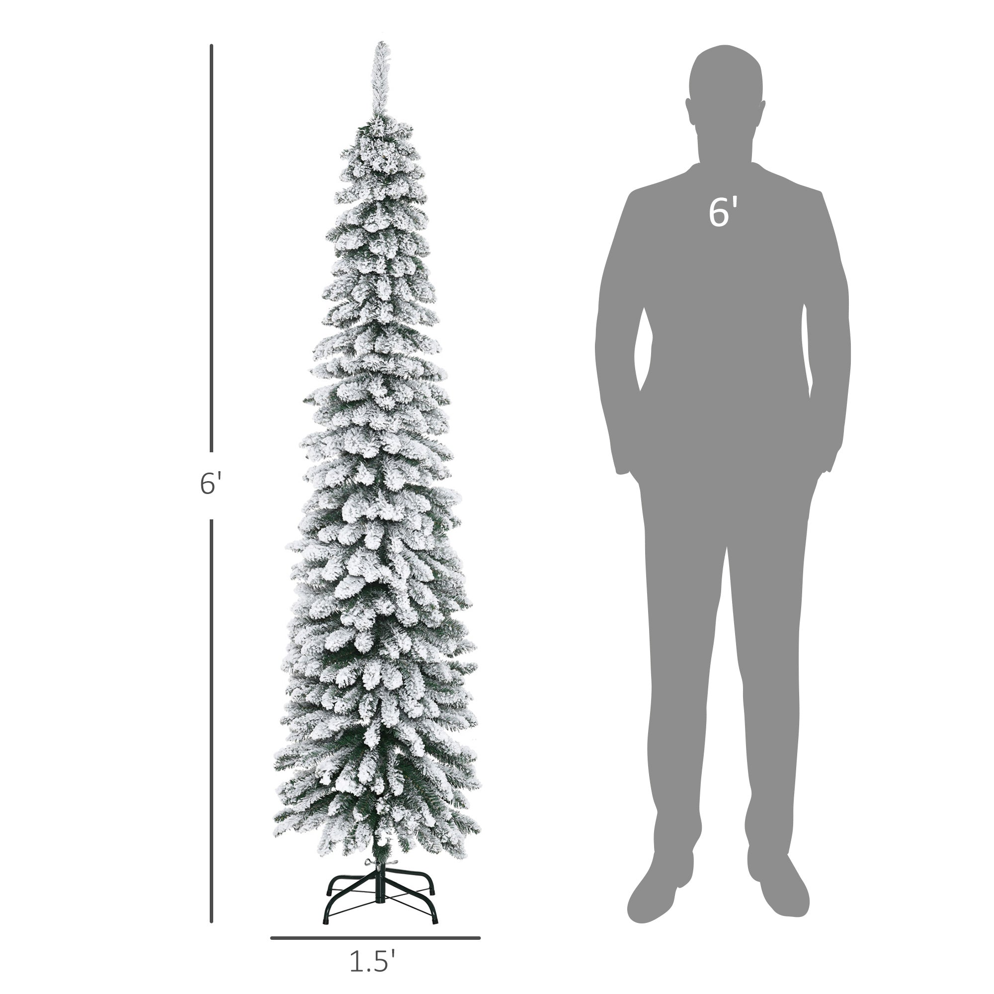 6' Tall Unlit Slim Pencil Xmas Tree, Snow Flocked Artificial Christmas Tree with Realistic Branches and 603 Tips, Green