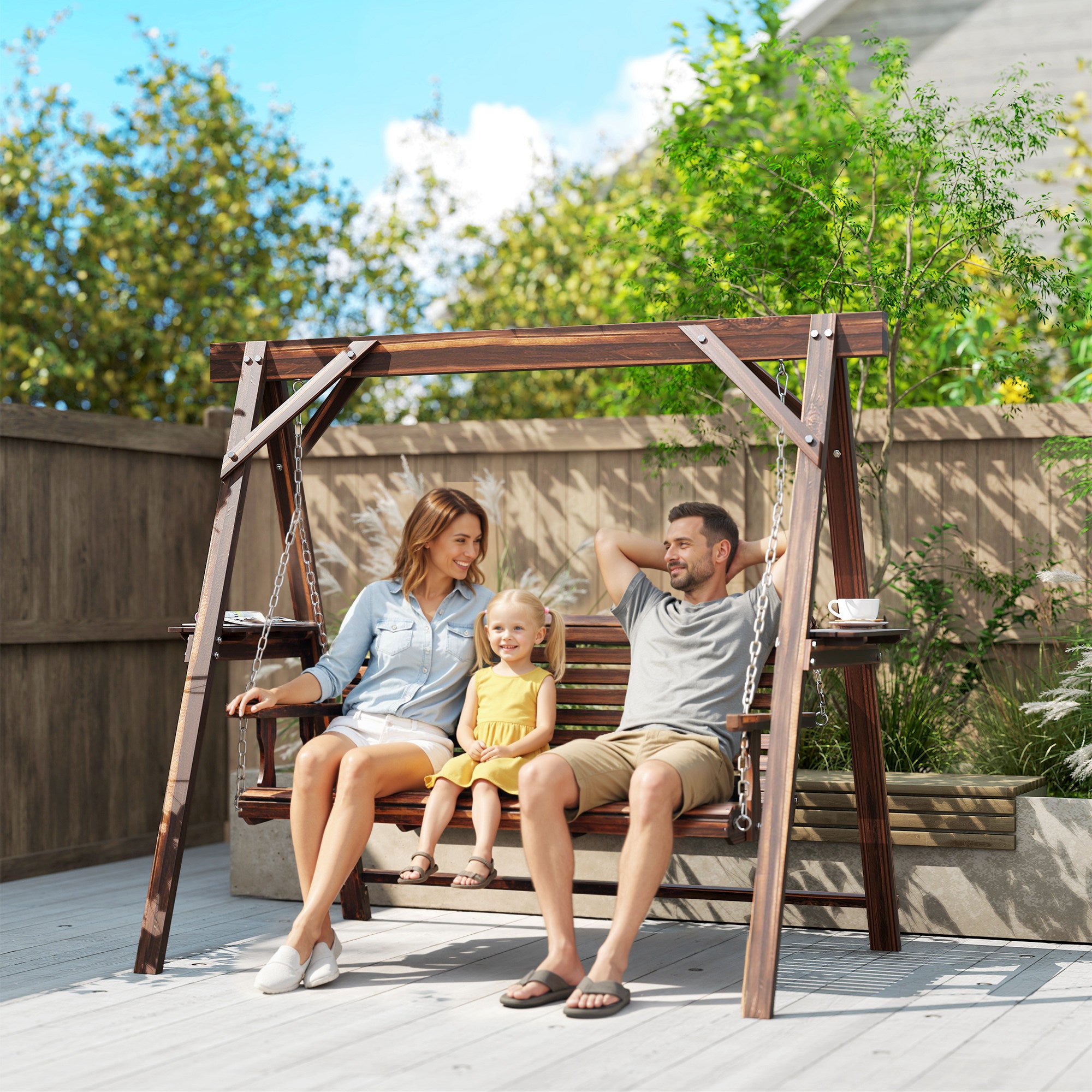 3 Seat Wooden Porch Swing with Stand, Patio Swing with Side Tables, for Garden, Poolside, Backyard, Carbonized Brown