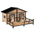 Dog House Outdoor, Wooden Dog Kennel Weatherproof with Porch, Openable Roof, Removable Bottom, Elevated Floor, Double Room for 2 Small to Medium Breeds, Natural