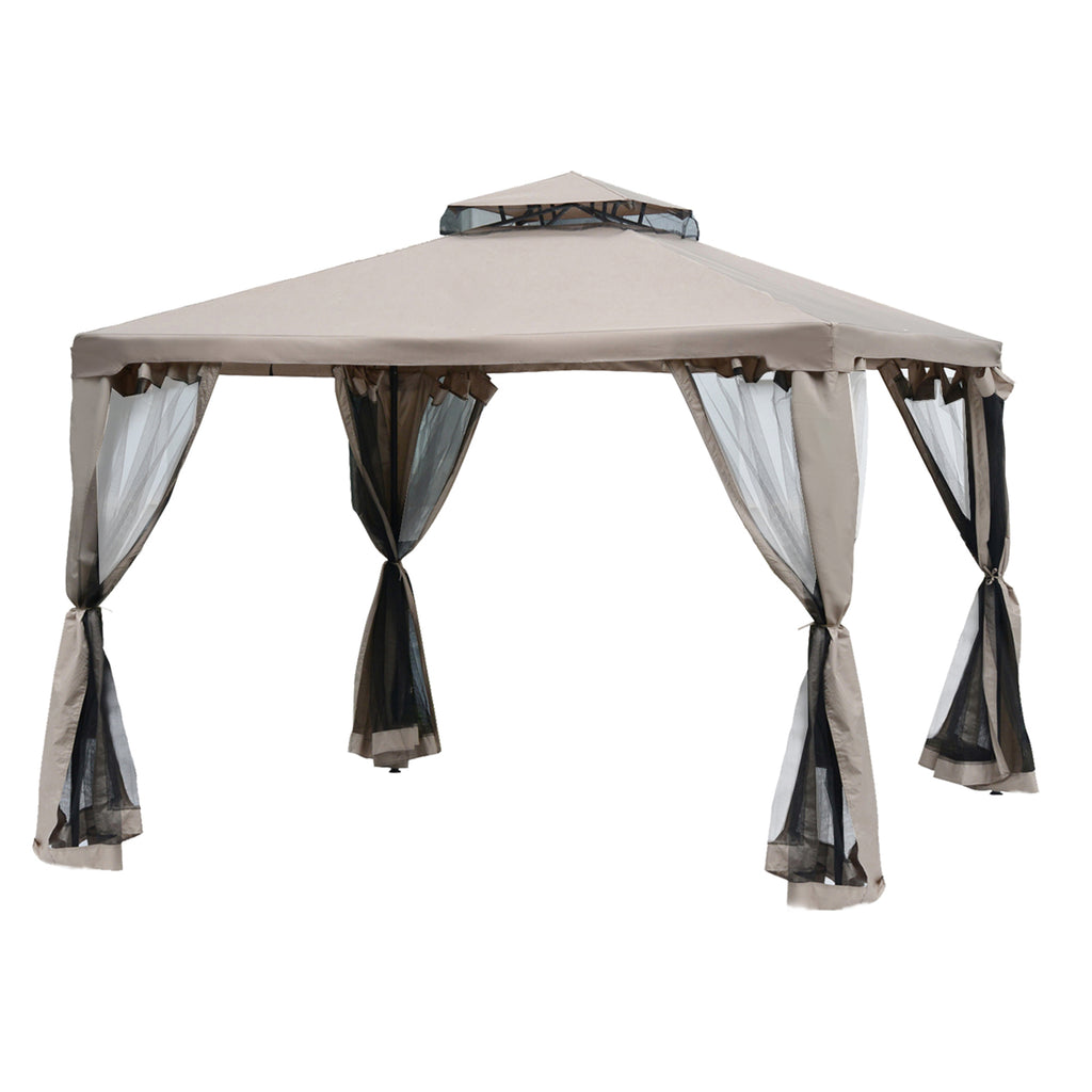 10' x 10' Gazebo Tent, Double Roof Outdoor Canopy Shelter, with Netting Fabric and Vented Roof, Steel Corner Frame for Garden, Lawn, Backyard, Taupe