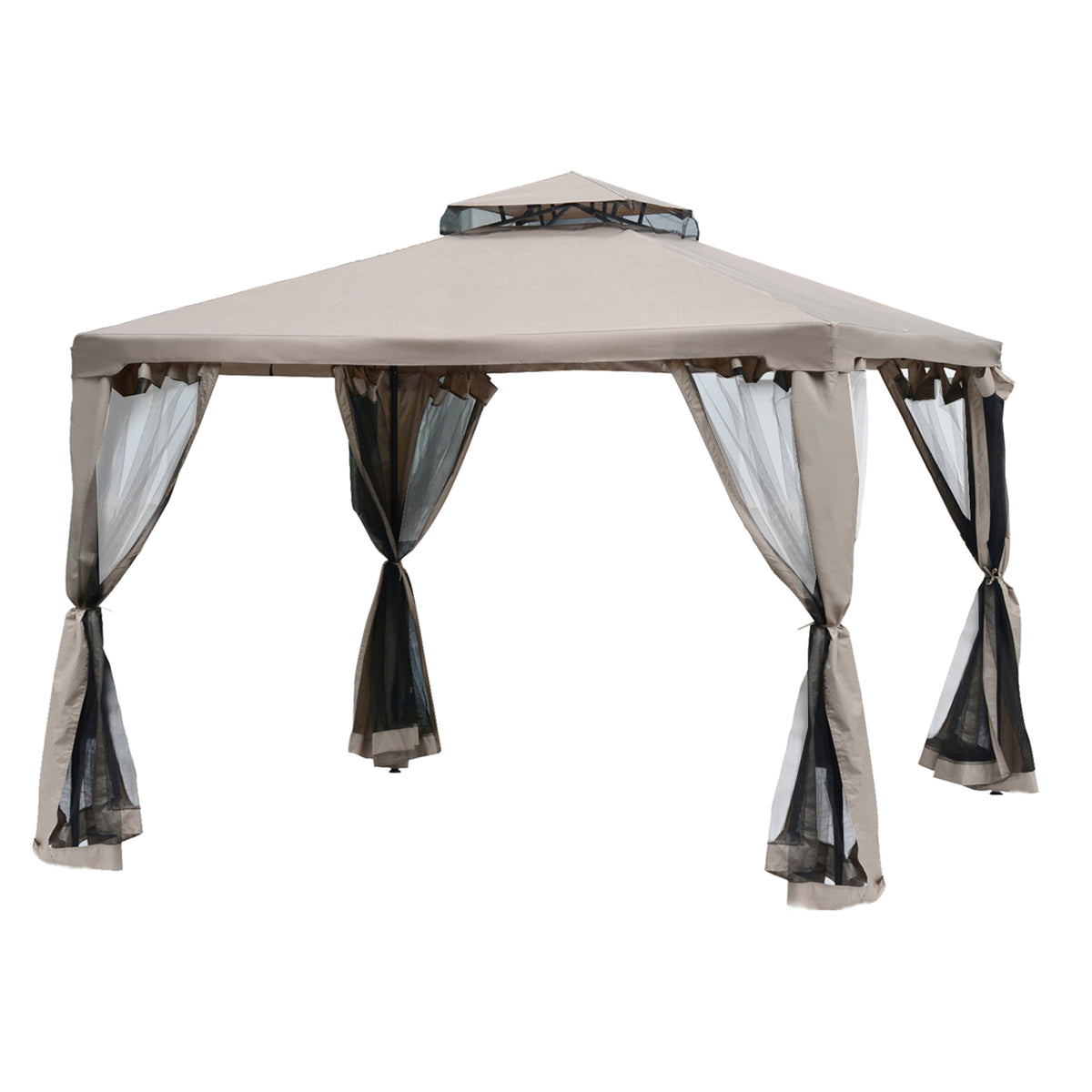 10' x 10' Gazebo Tent, Double Roof Outdoor Canopy Shelter, with Netting Fabric and Vented Roof, Steel Corner Frame for Garden, Lawn, Backyard, Taupe