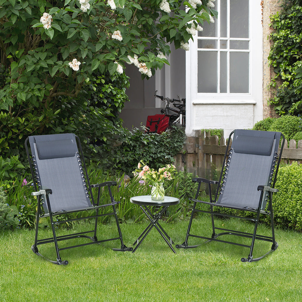 Outdoor Folding Rocking Chair Patio Table Seating Set, 2 Rocking Chairs with Armrests and 1 Side Table with Tempered Glass - Gray