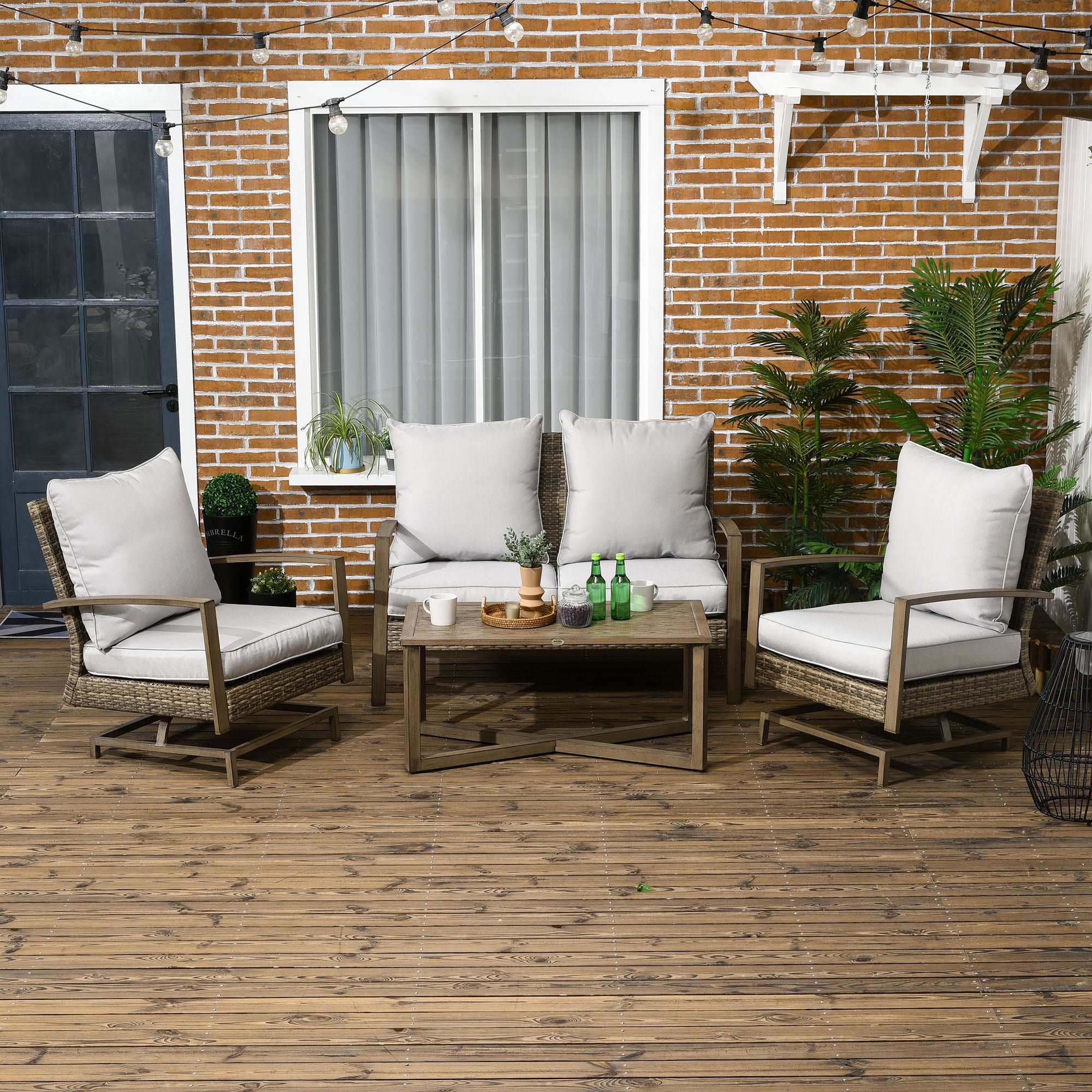 4 Piece Wicker Patio Furniture Set with 2 Rocking Chairs, Loveseat Sofa, Outdoor PE Rattan Conversation Set with Cushions, Aluminum Table for Porch, Poolside, Light Gray