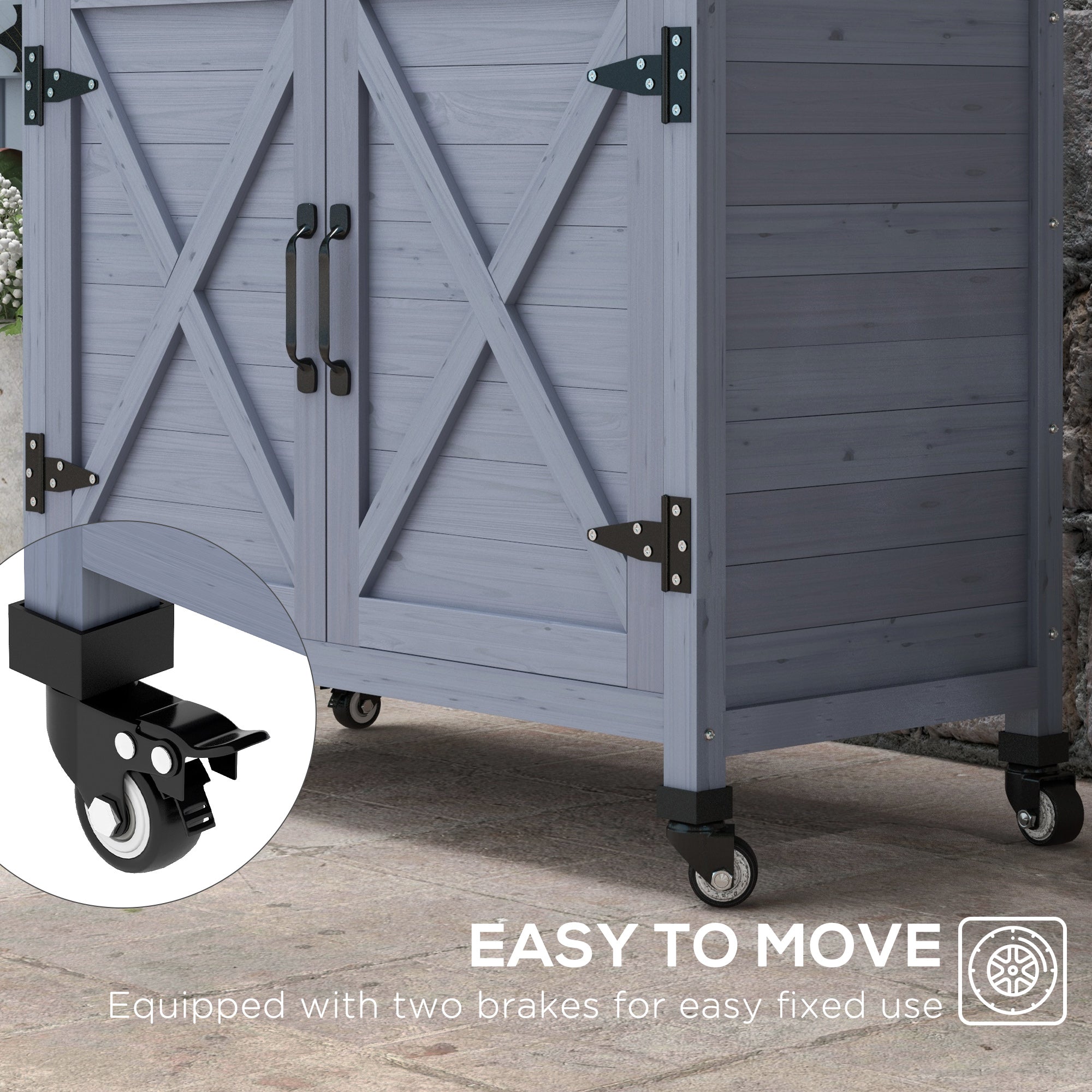 Outdoor Wooden Potting Bench with Storage Cabinet, Aluminum Tabletop, Rubber Wheels for Backyard, Patio, Balcony, Gray